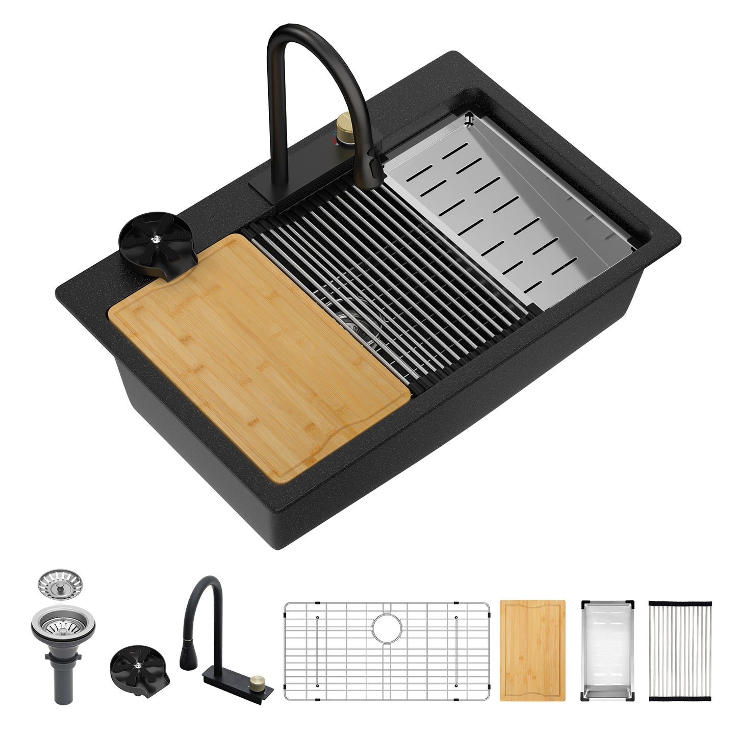 Dcolora Waterfall Smart Kitchen Sink 33x22 Drop In Single Bowl Multifunctional Kitchen Sinks With Faucet And Cup Washer,33 Inch Granite Composite (Black) DC-GBT7733FY