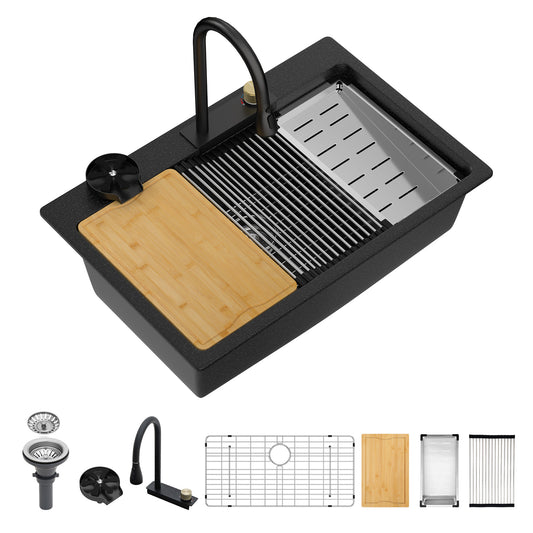 Dcolora Waterfall Smart Kitchen Sink 33x22 Drop In Single Bowl Multifunctional Kitchen Sinks With Faucet And Cup Washer,33 Inch Granite Composite (Black) DC-GBT7733FY