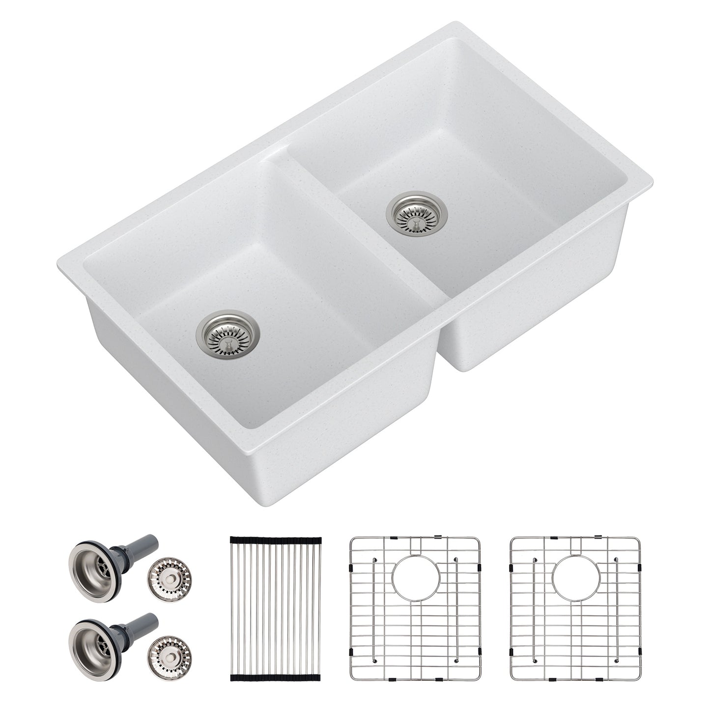 Dcolora 33 Inch Double Bowl Undermount Kitchen Sink White Deep Double Basin Prep Sink 50/50 Split Granite Composite 33"×19"×10“,#DC-GU001W