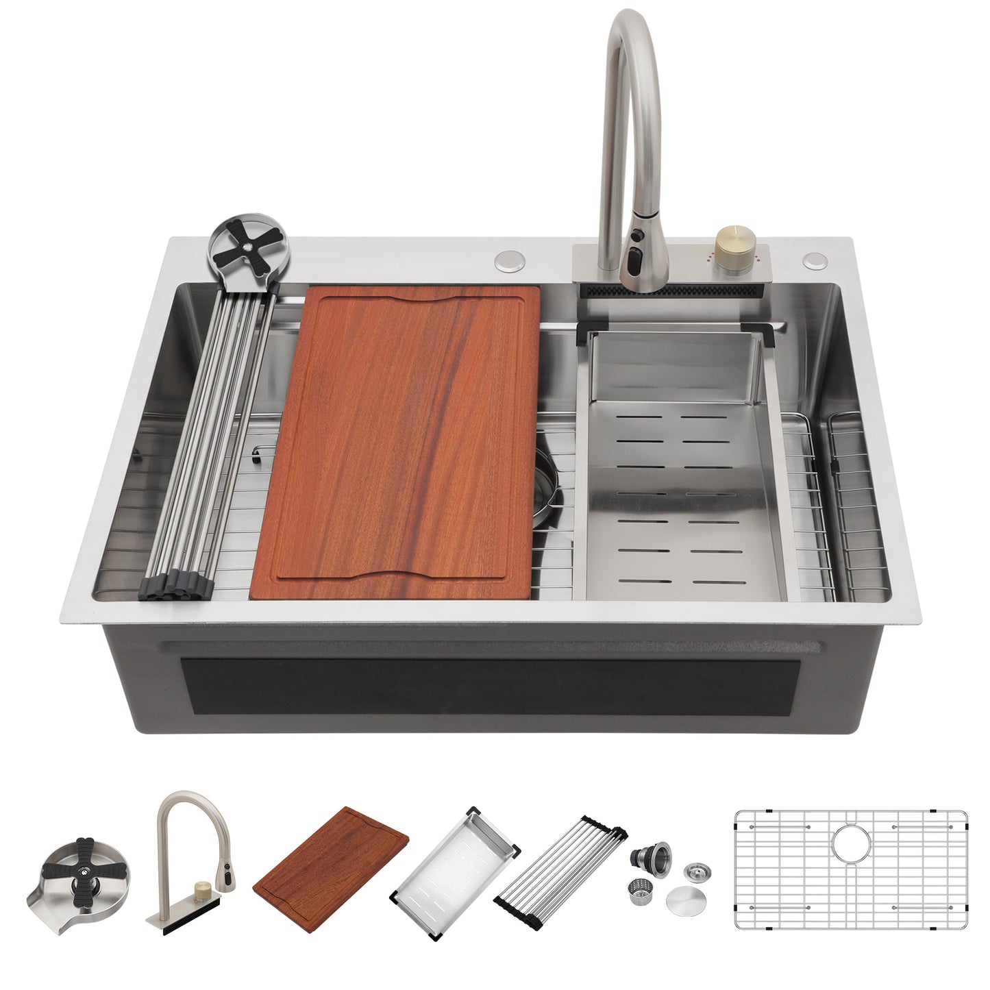 Dcolora 33x22 Waterfall Kitchen Sink Smart Workstation Sink with Faucet Combo 304 Stainlee Steel 16 Gauge Drop In Single Bowl Multifunctional Top Mount Sink DC-FY0001, 33 inch Brushed Nickel