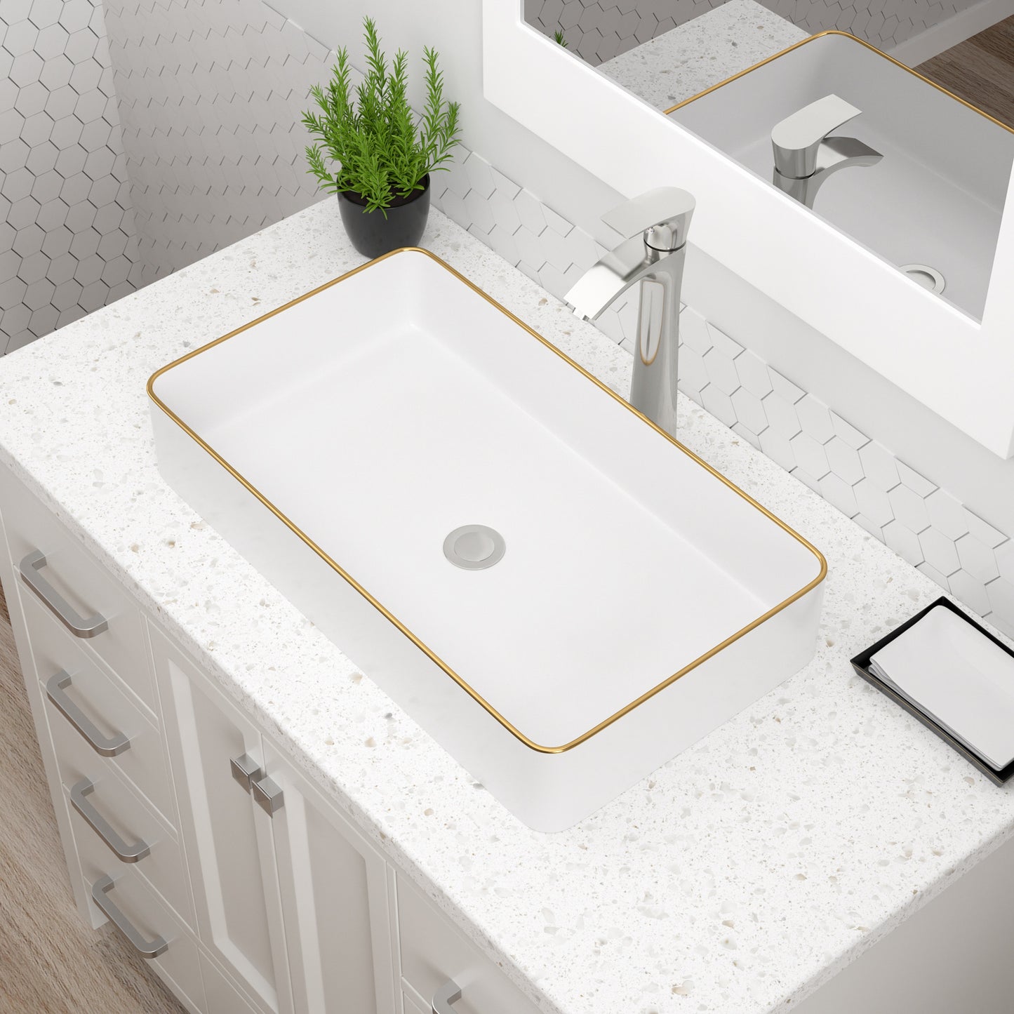 Dcolora Vessel Sink Rectangular 24"x14" White Vessel Sink with Glod Rim Ceramic Porcelain Rectangle Bathroom Vessel Sink Above Counter Vanity Sink Basin-DC-V8893