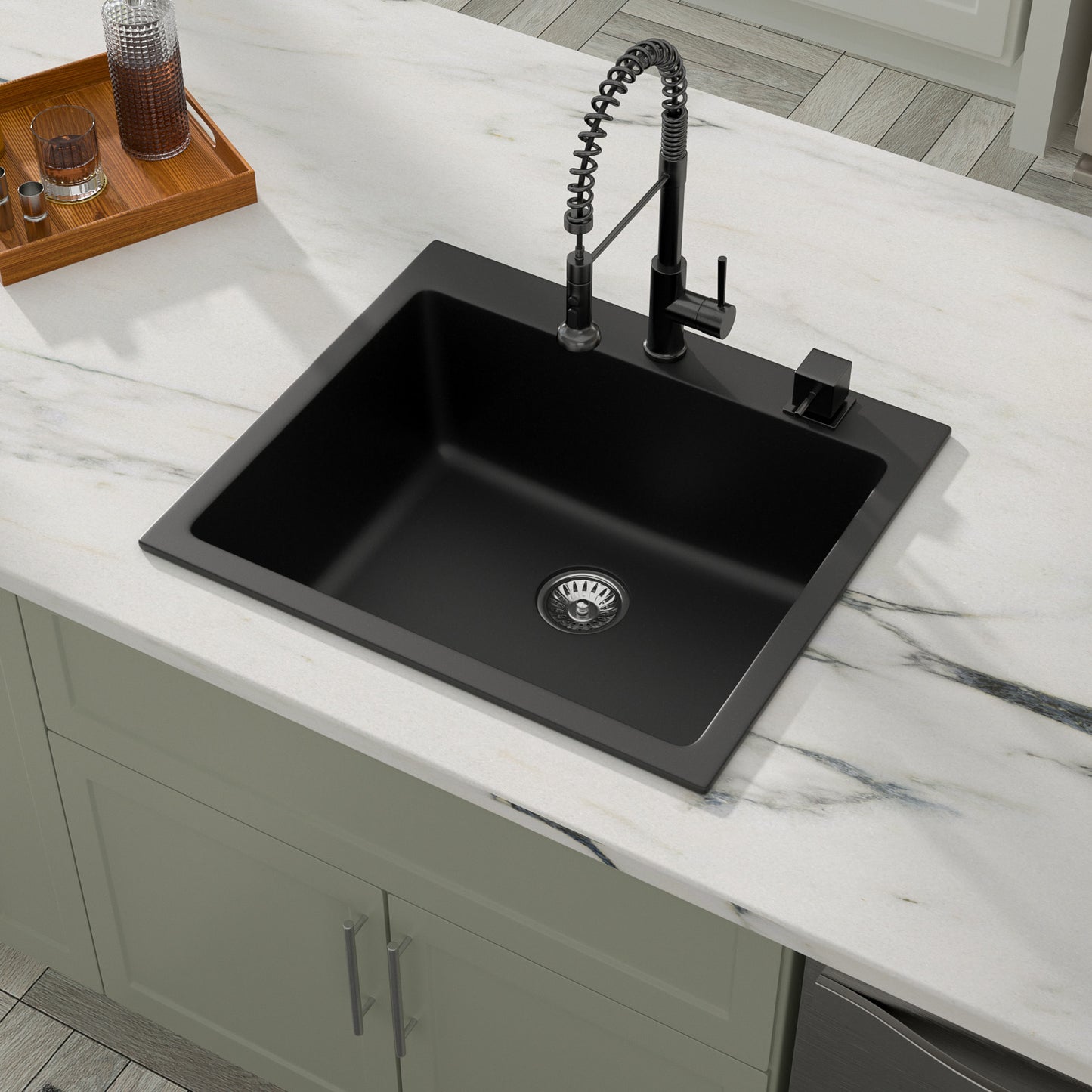 Dcolora 25" Quartz Sink Drop In Wet Bar Sink Black Prep Kitchen Sink Topmount Deep Single Bowl, 25"x22", Round Corner, DC-GU7753
