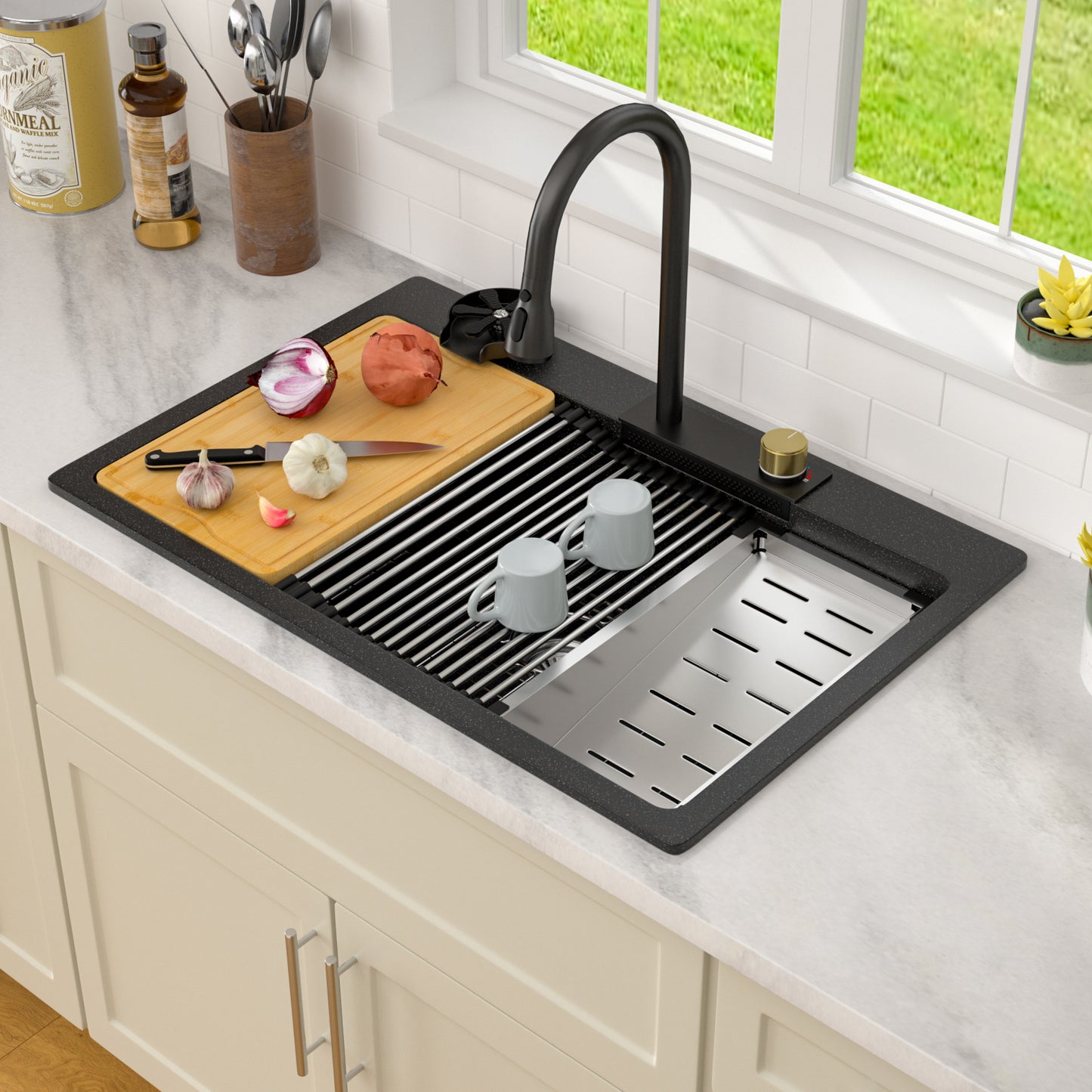 Dcolora Waterfall Smart Kitchen Sink 33x22 Drop In Single Bowl Multifunctional Kitchen Sinks With Faucet And Cup Washer,33 Inch Granite Composite (Black) DC-GBT7733FY