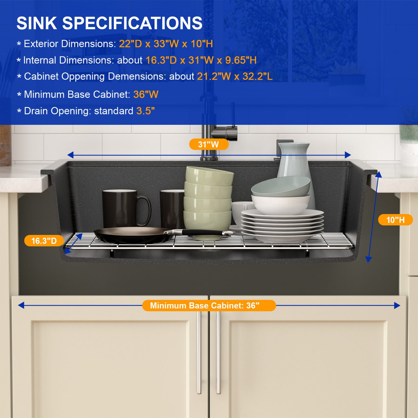 Dcolora 33 Inch Drop In Single Bowl Granite Black Kitchen Sink Multifunctional Topmount Workstation Sink #DC-0001GBT, Matte Black 33" x 22" x 10"