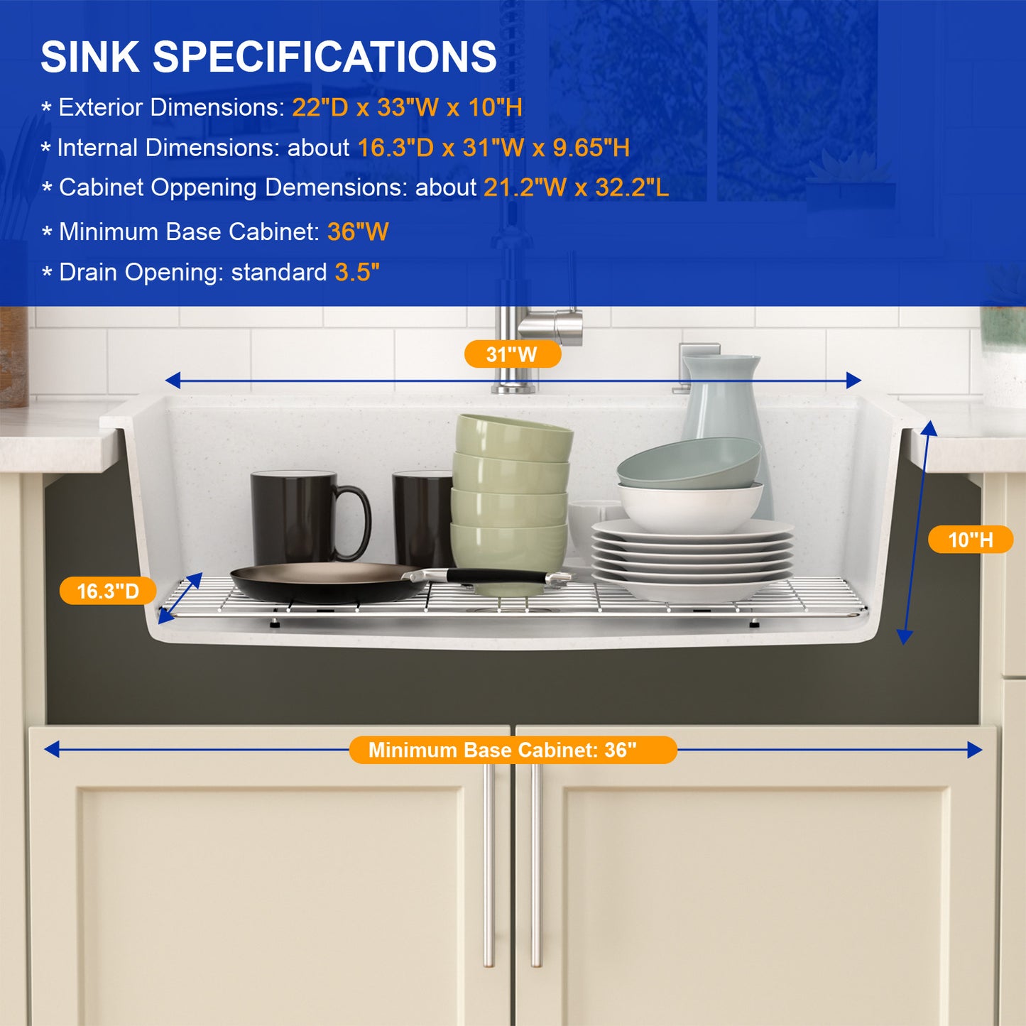 Dcolora 33 Inch Drop In Single Bowl Granite Composite White Kitchen Sink Multifunctional Topmount Workstation Sink #DC-0002GWT, Matte White 33" x 22" x 10"