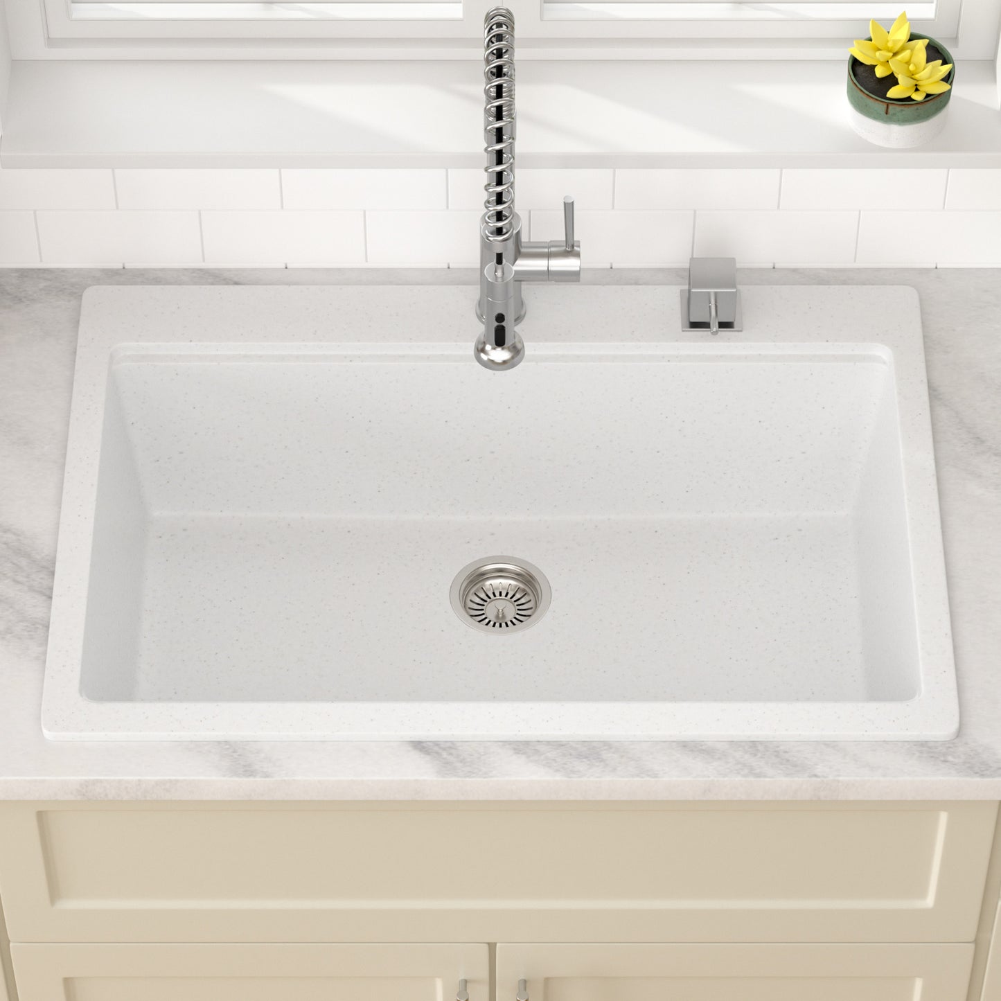Dcolora 33 Inch Drop In Single Bowl Granite Composite White Kitchen Sink Multifunctional Topmount Workstation Sink #DC-0002GWT, Matte White 33" x 22" x 10"