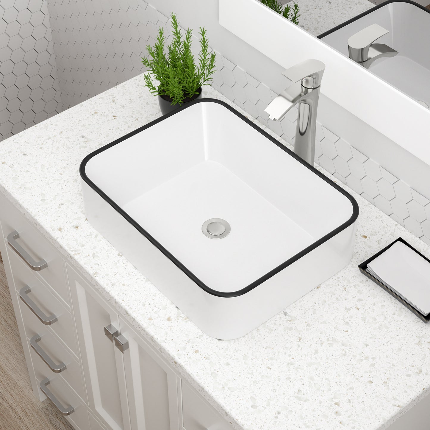 Vessel Sink Rectangular, Dcolora 19"x15" White Vessel Sink with Black Rim Ceramic Porcelain Rectangle Bathroom Vessel Sink Above Counter Vanity Sink Basin