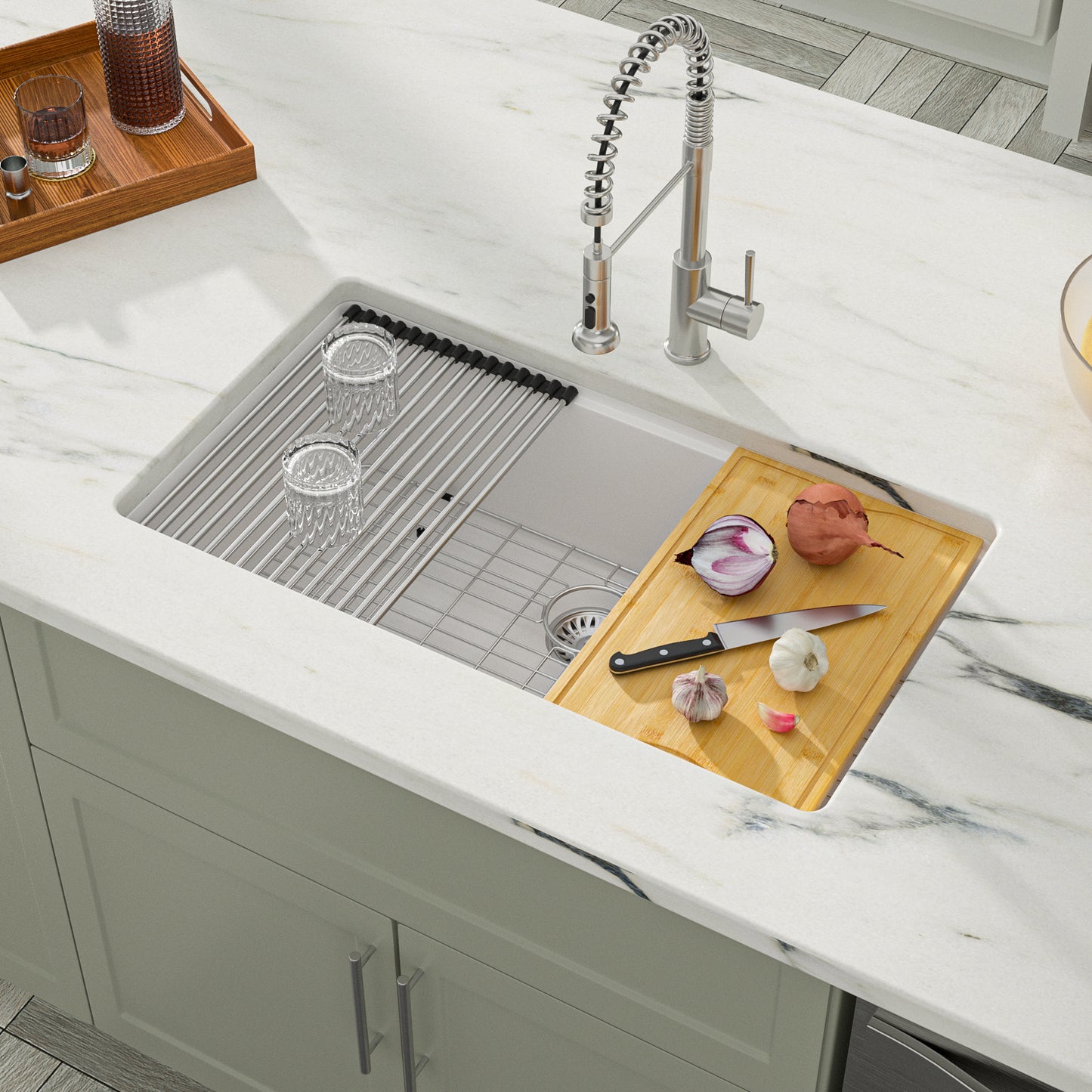 Dcolora White Kitchen Sink 30 inches Granite Composite Workstation Undermount Single Bowl Quartz Kitchen Sink 30"W x 19"D x 10"H, DC-GU7754