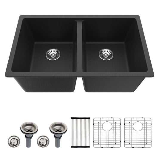 Dcolora 33 inch Quartz Matte Black Granite Composite Double Bowl Undermount Kitchen Sink Basin Deep 50/50 Split, DC-GU7761