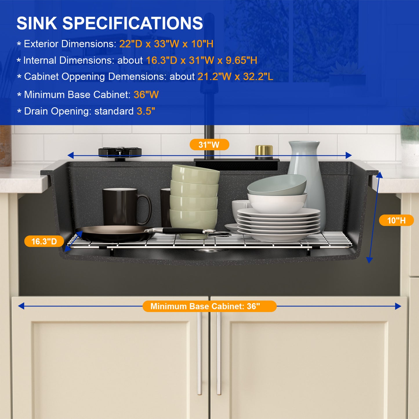 Dcolora Waterfall Smart Kitchen Sink 33x22 Drop In Single Bowl Multifunctional Kitchen Sinks With Faucet And Cup Washer,33 Inch Granite Composite (Black) DC-GBT7733FY