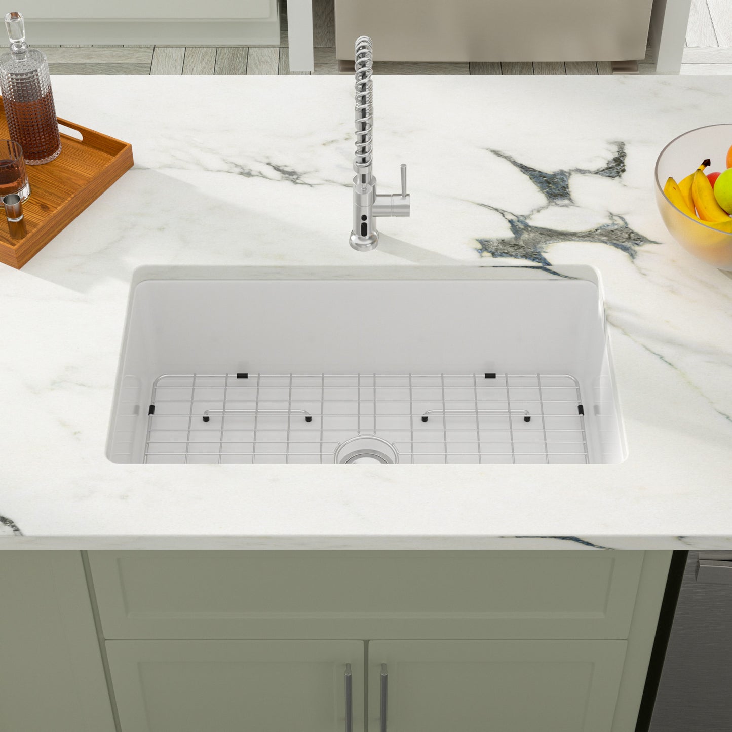 Dcolora 32"x19" White Kitchen Sink Undermount Large Single Bowl Dual Mount White Ceramic Porcelain Fireclay Sink Basin Under Counter Sink