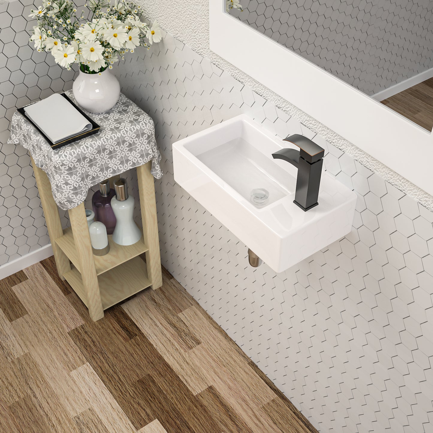 Floating Vessel Sink, Dcolora 18"x10" Small Wall Mounted Bathroom Sink Floating Rectangle White Ceramic Porcelain Bathroom Sink, Right Hand