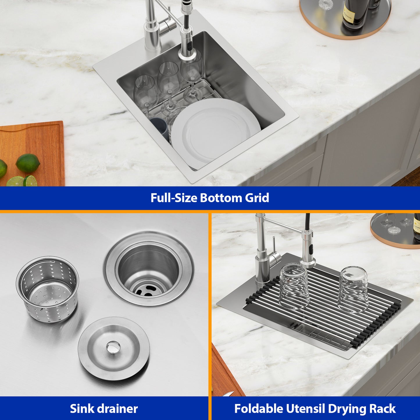 Dcolora 15x20 Drop In Wet Bar Sink 16 Gauge Stainless Steel Topmount Prep Sink Single Bowl Kitchen Sink Top Above Counter RV Camper Utility Basin, Round Corner 15"x20"x10" DC-T7746
