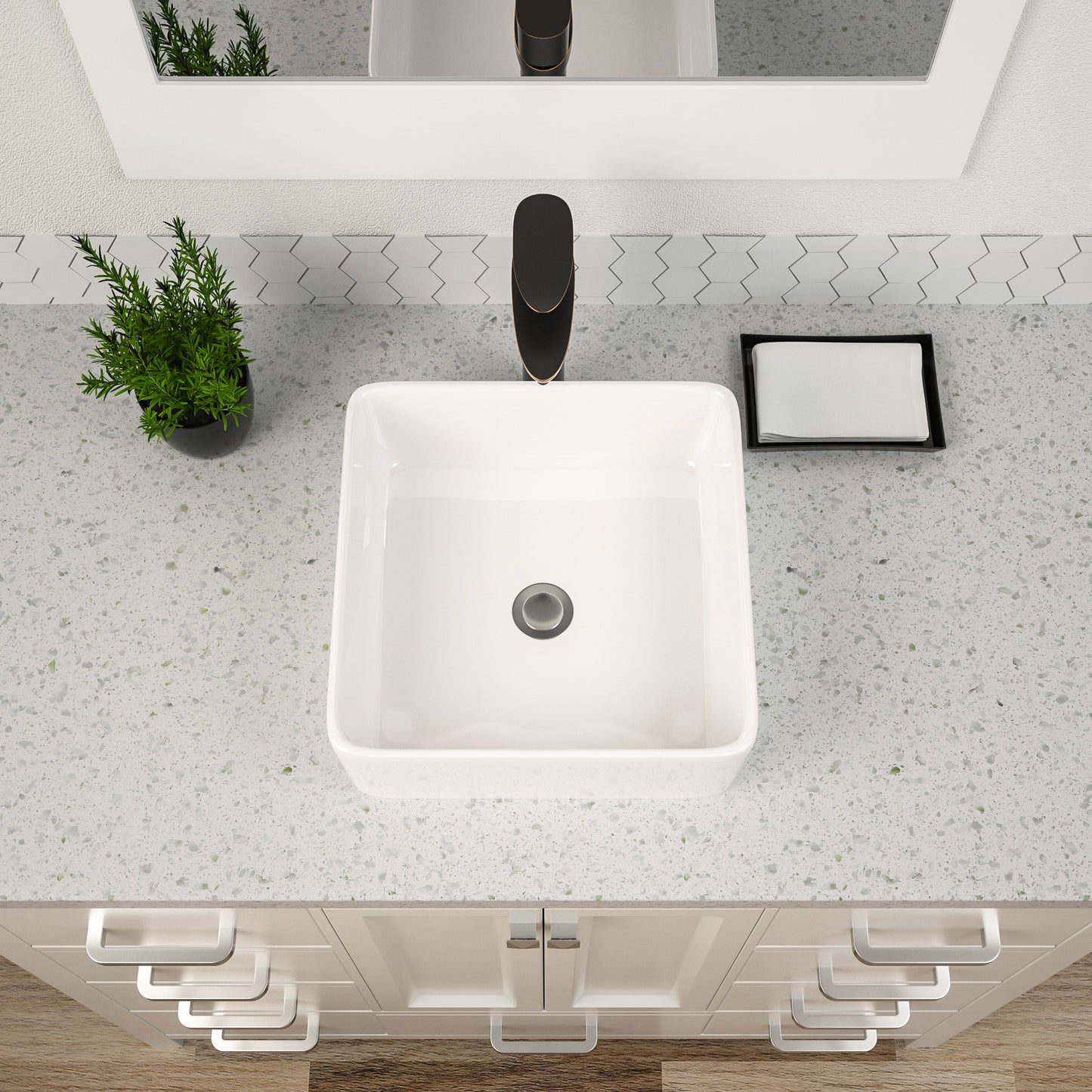 Square Vessel Sink, Dcolora 15"x15" Bathroom Vessel Sink White Ceramic Porcelain Square Bathroom Vessel Sink Above Counter Vanity Sink Basin
