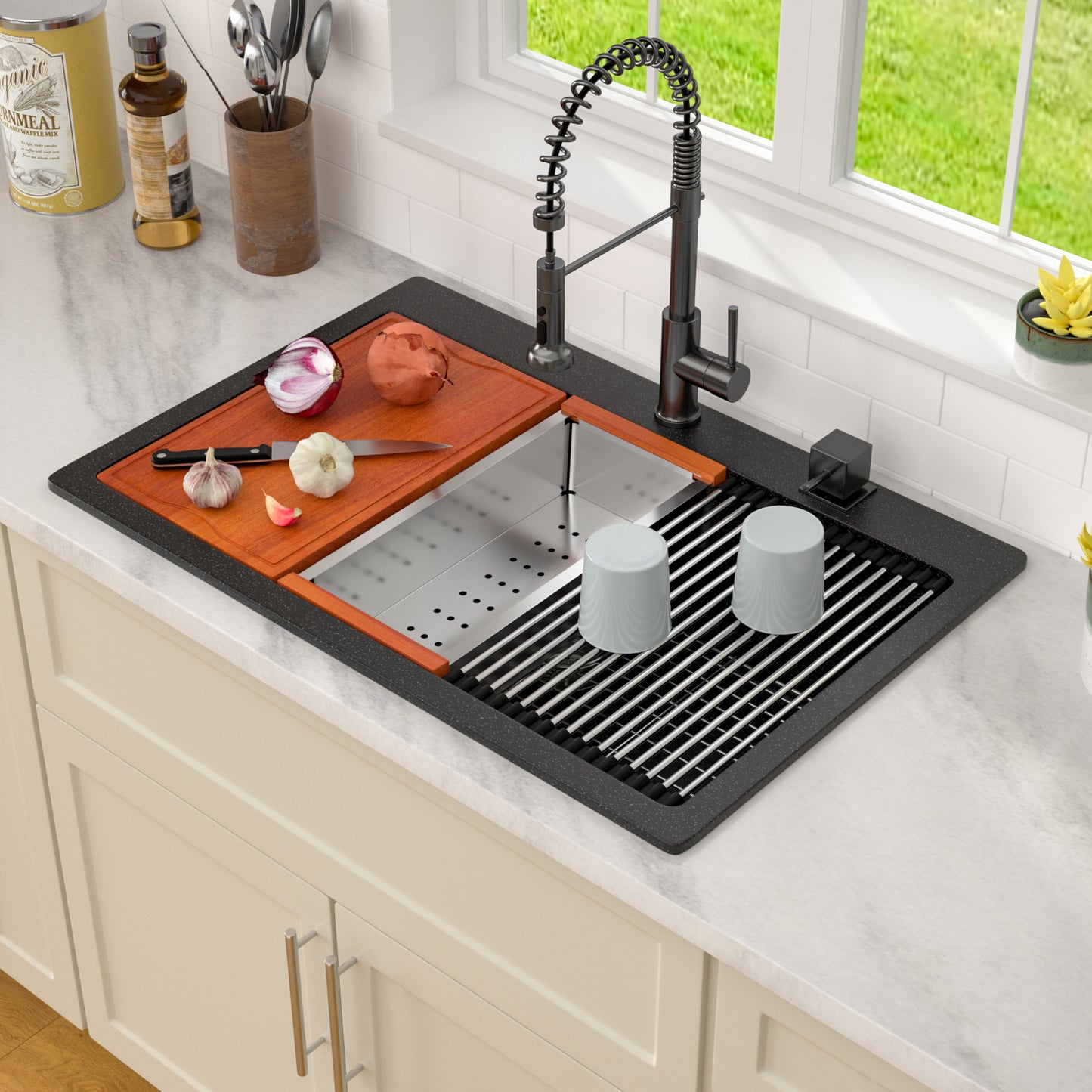 Dcolora 33 Inch Drop In Single Bowl Granite Black Kitchen Sink Multifunctional Topmount Workstation Sink #DC-0001GBT, Matte Black 33" x 22" x 10"
