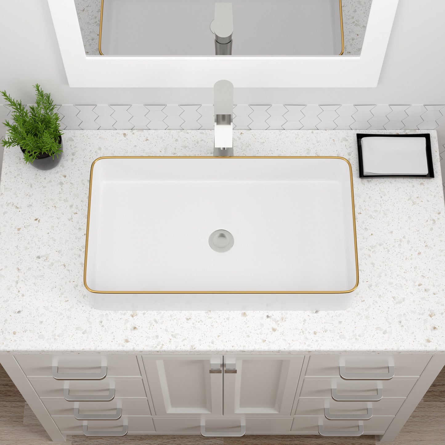 Dcolora Vessel Sink Rectangular 24"x14" White Vessel Sink with Glod Rim Ceramic Porcelain Rectangle Bathroom Vessel Sink Above Counter Vanity Sink Basin-DC-V8893