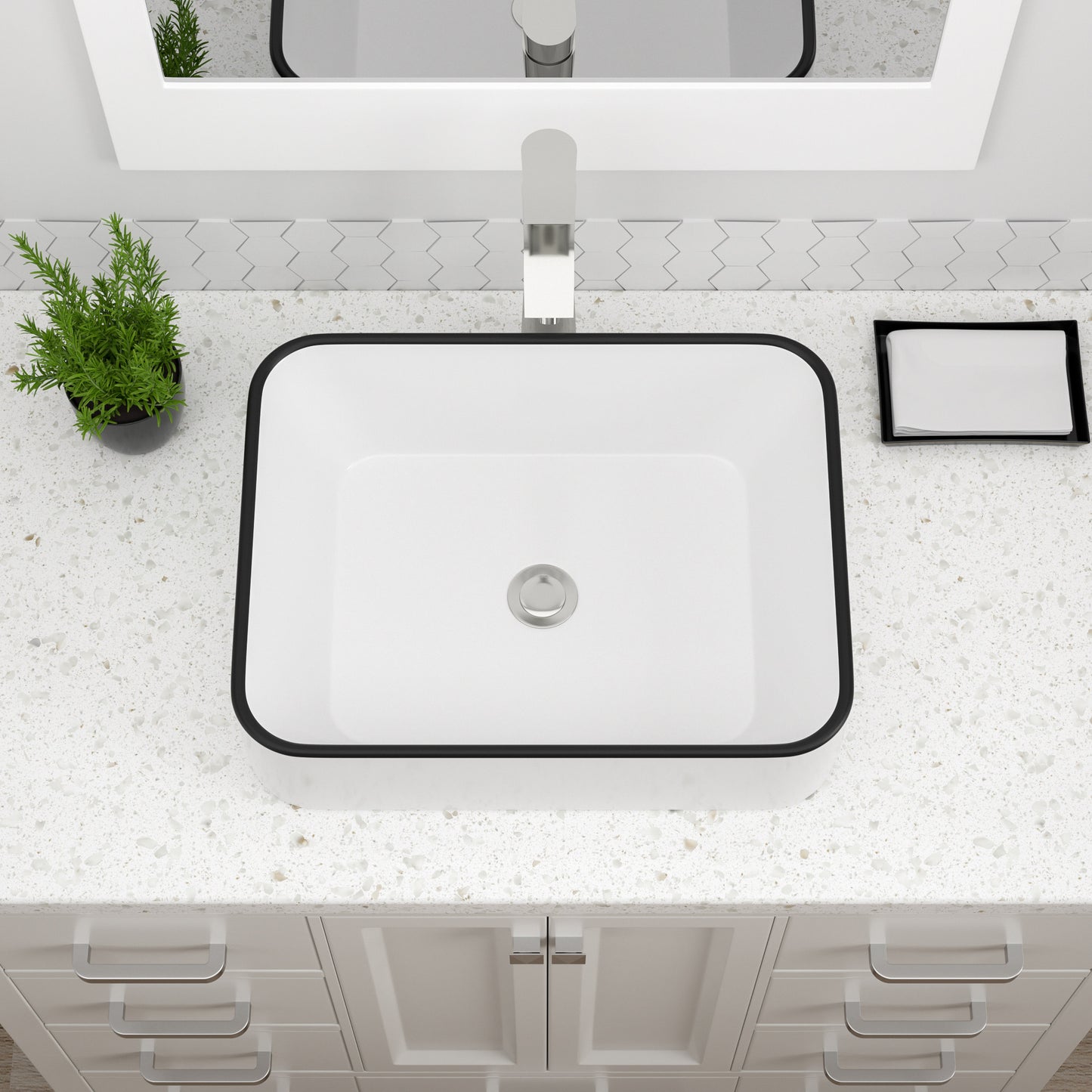Vessel Sink Rectangular, Dcolora 19"x15" White Vessel Sink with Black Rim Ceramic Porcelain Rectangle Bathroom Vessel Sink Above Counter Vanity Sink Basin