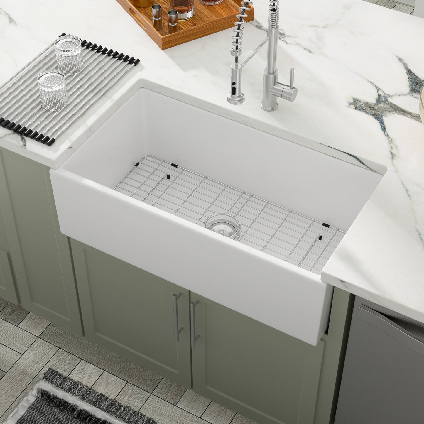 Dcolora 33 Inch Farmhouse Sink 33 Inch White, Apron Front Kitchen Sink White Fireclay Ceramic Porcelain Single Bowl Farm Kitchen Sink Basin DC-A7763