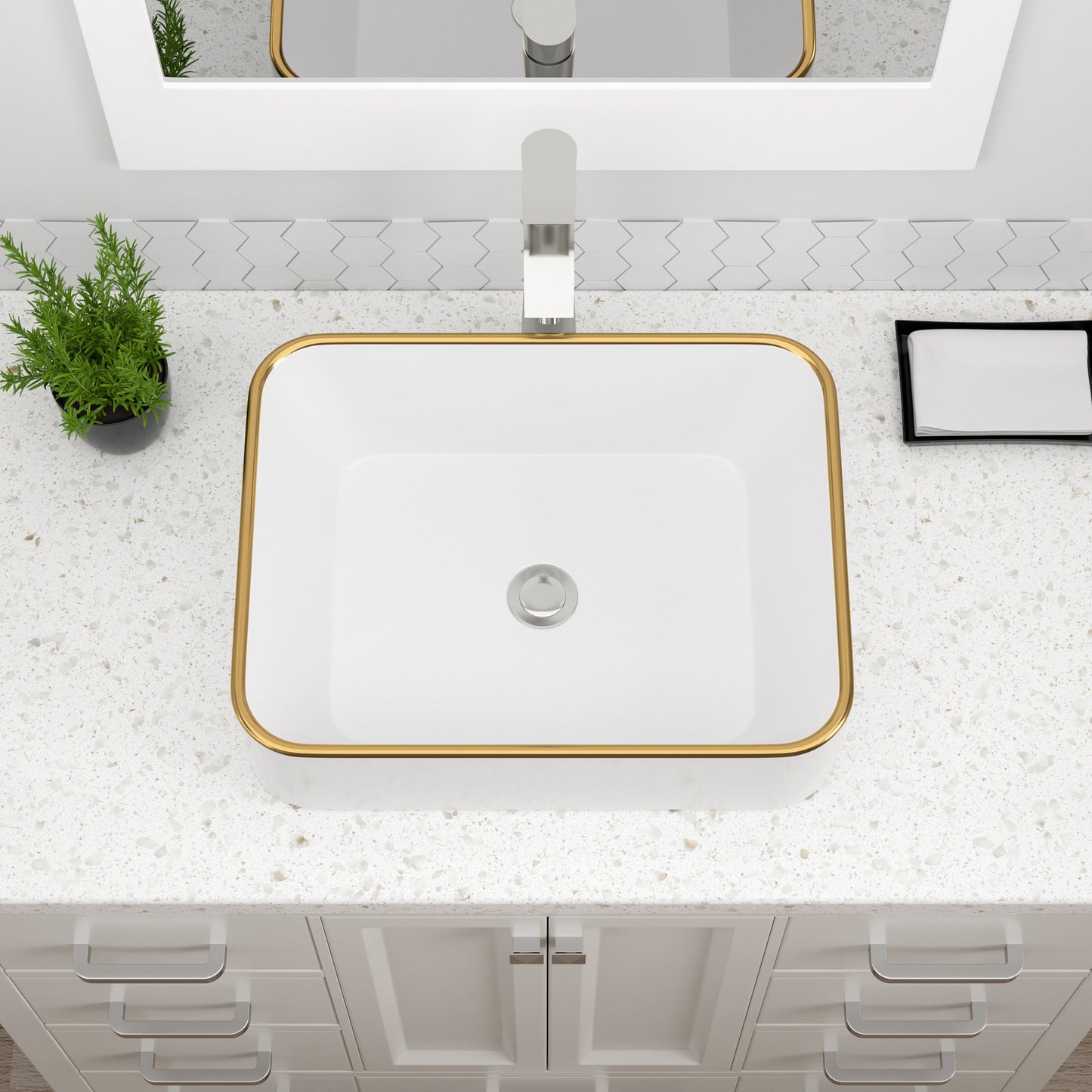Dcolora Vessel Sink Rectangular 19"x15" White Vessel Sink with Glod Rim Ceramic Porcelain Rectangle Bathroom Sink Above Counter Vanity Sink Basin