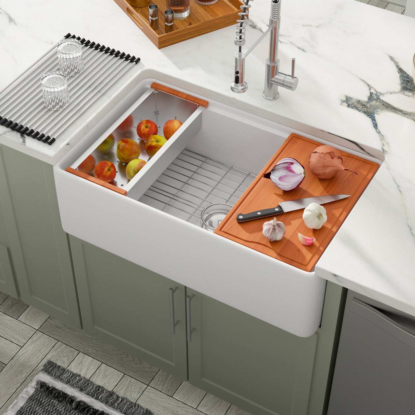 Dcolora 33 Inch White Farmhouse Sink Workstation Fireclay Porcelain Farm Kitchen Barn Sinks Flat Apron Front Ceramic Single Bowl Country Sink, DC-A7765, 33"x20"x10"