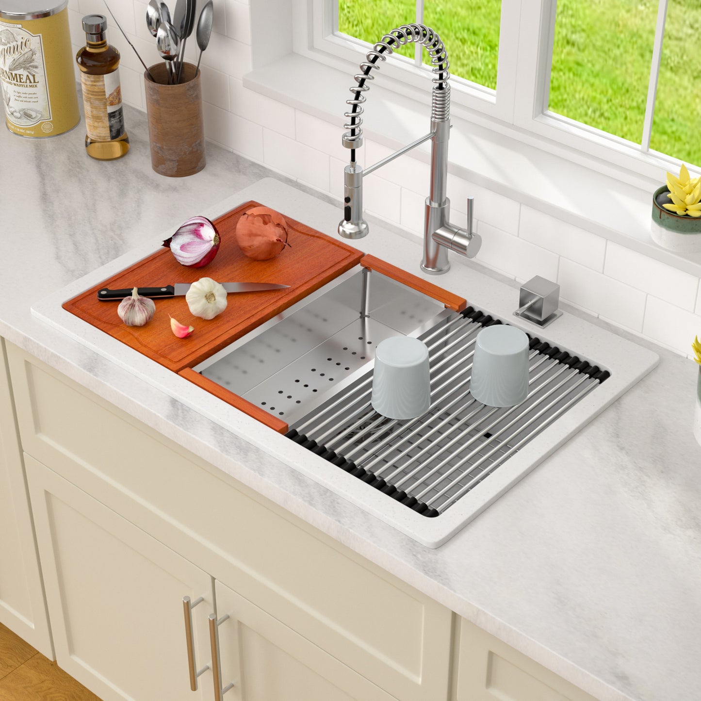 Dcolora 33 Inch Drop In Single Bowl Granite Composite White Kitchen Sink Multifunctional Topmount Workstation Sink #DC-0002GWT, Matte White 33" x 22" x 10"