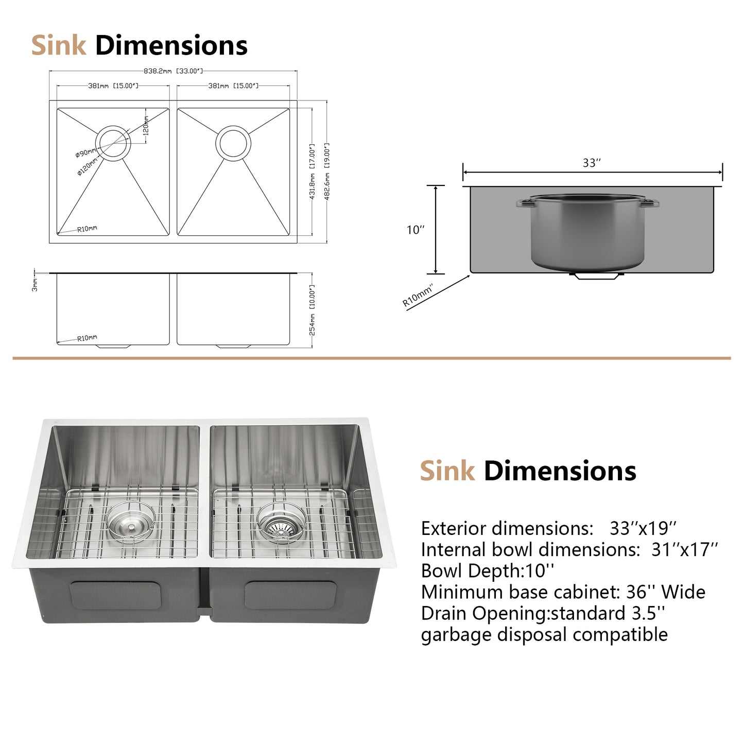Dcolora 33 Inch Undermount Double Bowl Kitchen Sink 50/50 Split 16 Gauge 304 Stainless Steel Large Double Sinks, 33"x19"x10 Rounder Corner, DC-U7731