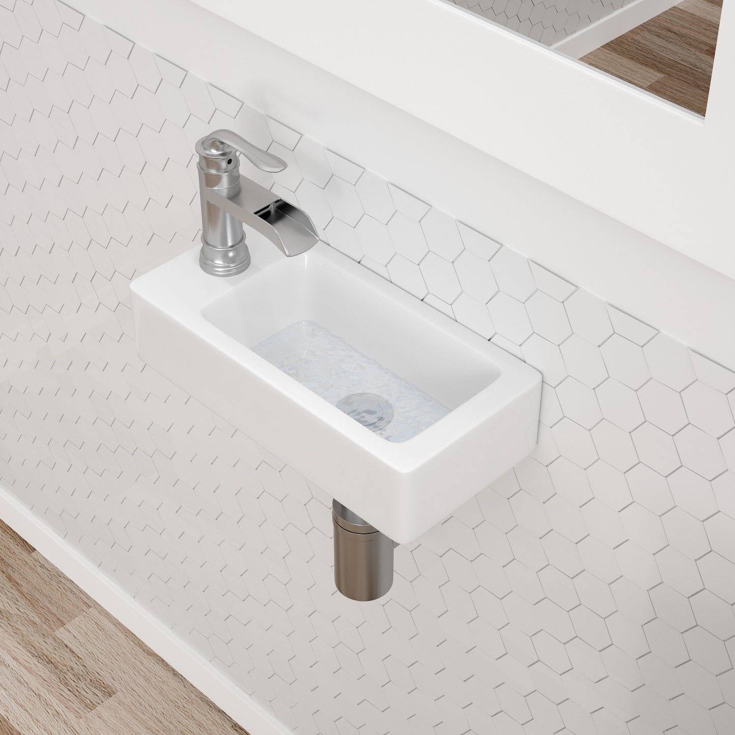 Dcolora Small Bathroom Sink 14.5"x7" Small Floating Sink Wall Mounted Bathroom Sink Rectangle White Ceramic Porcelain Wall Mount Sink, Right Hand