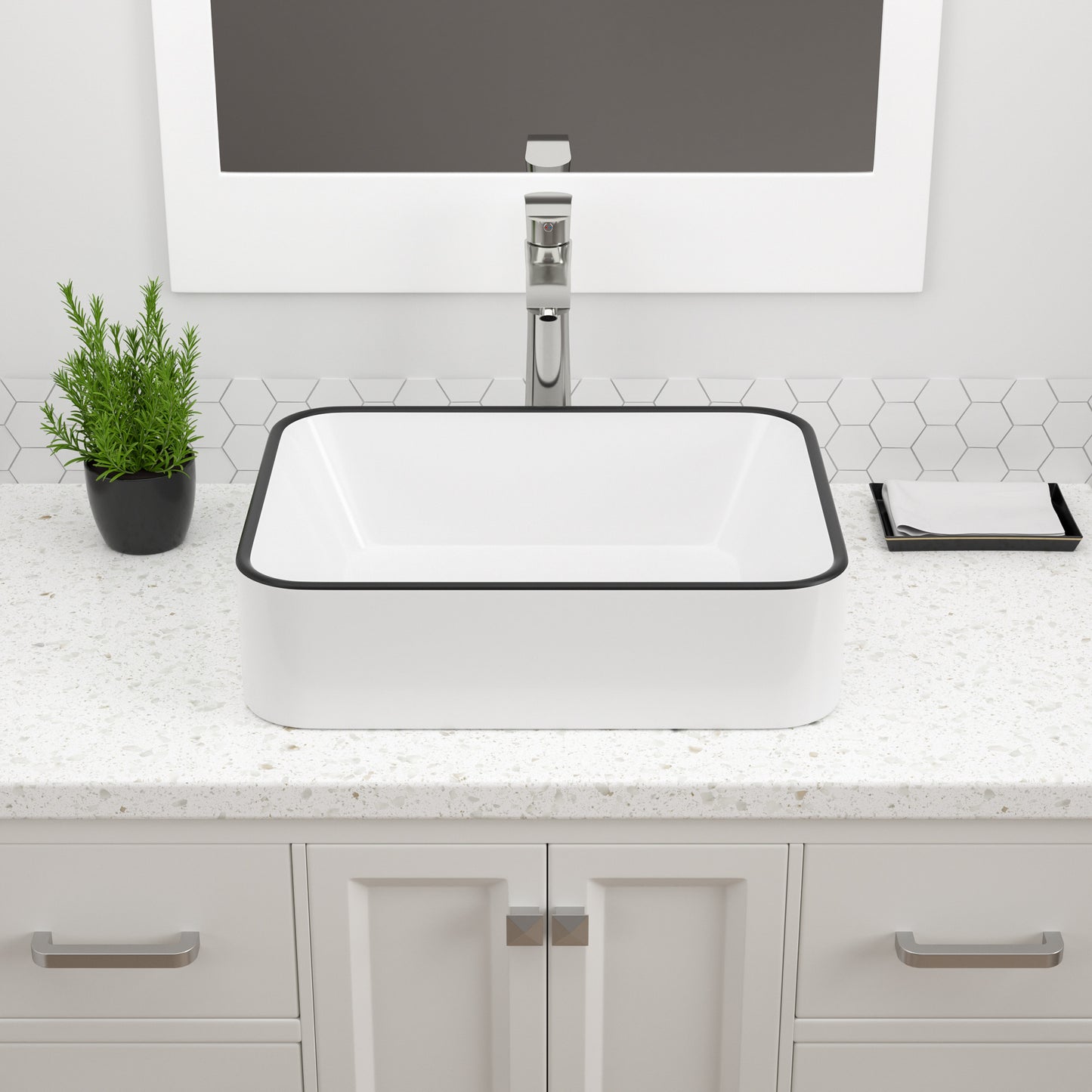 Vessel Sink Rectangular, Dcolora 19"x15" White Vessel Sink with Black Rim Ceramic Porcelain Rectangle Bathroom Vessel Sink Above Counter Vanity Sink Basin