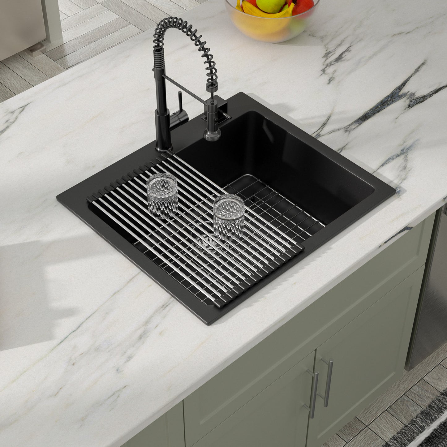 Dcolora 25" Quartz Sink Drop In Wet Bar Sink Black Prep Kitchen Sink Topmount Deep Single Bowl, 25"x22", Round Corner, DC-GU7753
