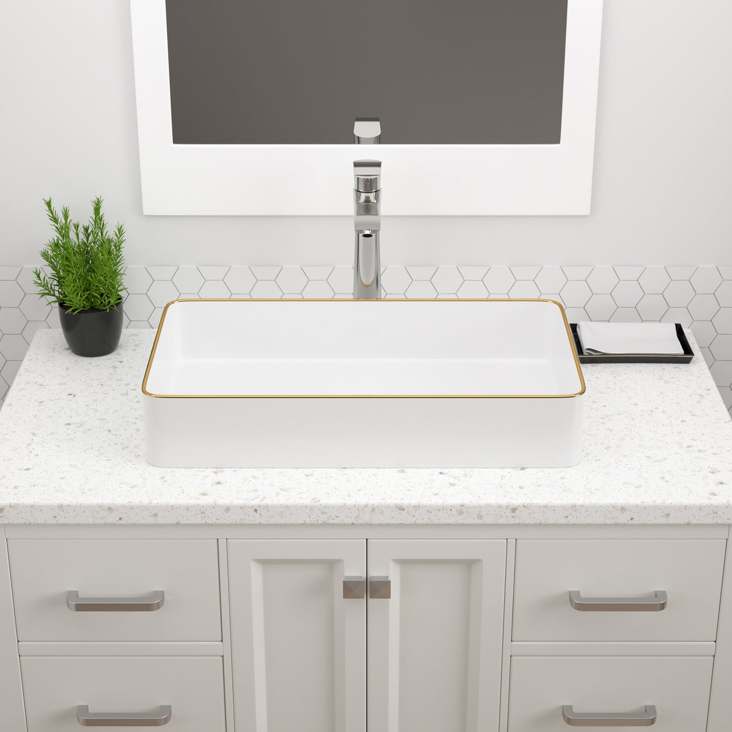 Dcolora Vessel Sink Rectangular 24"x14" White Vessel Sink with Glod Rim Ceramic Porcelain Rectangle Bathroom Vessel Sink Above Counter Vanity Sink Basin-DC-V8893