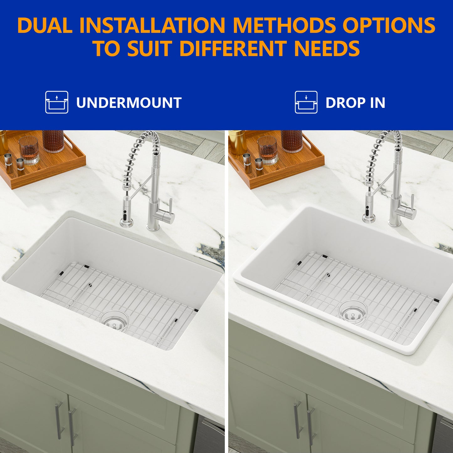 Dcolora 27 Inch White Undermount Kitchen Sink Handmade Ceramic Fireclay Deep Single Bowl Under Counter Sinks Porcelain Dual Mount, Round Corner 27"x19"x10", DC-U7745