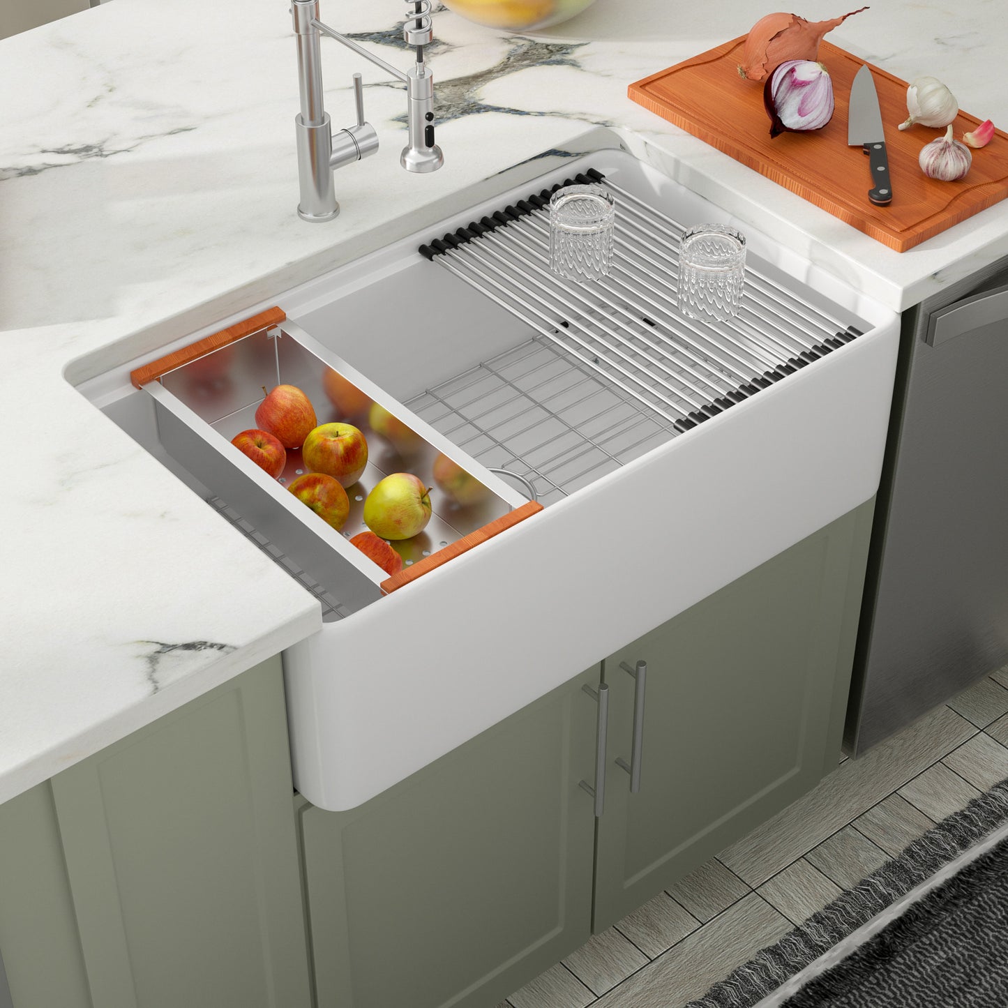 Dcolora 33 Inch White Farmhouse Sink Workstation Fireclay Porcelain Farm Kitchen Barn Sinks Flat Apron Front Ceramic Single Bowl Country Sink, DC-A7765, 33"x20"x10"