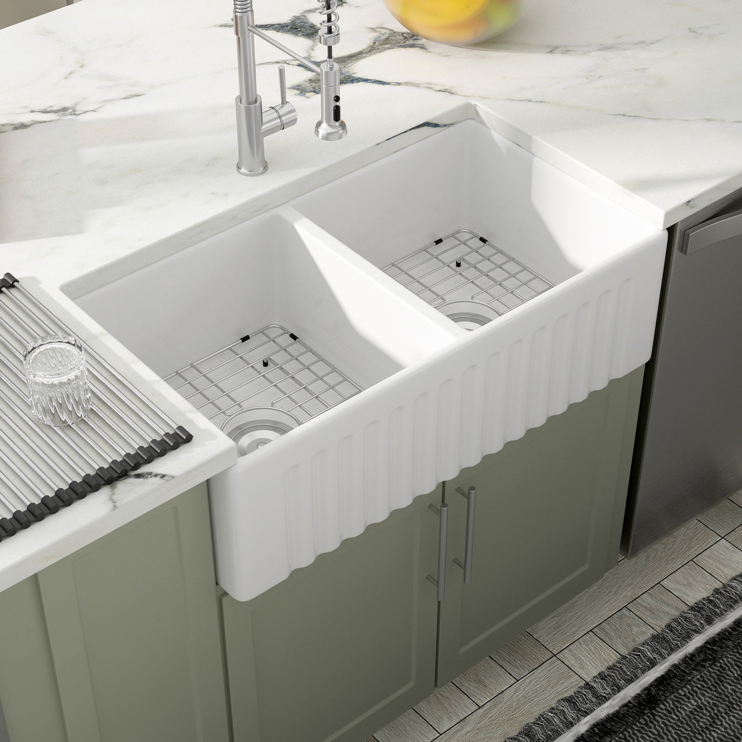 Dcolora 33 Inch Farmhouse Sink Double Bowl 50/50 Farm White Kitchen Sink Double Basin Apron Front White Fireclay Ceramic Porcelain Reversible DC-A7757