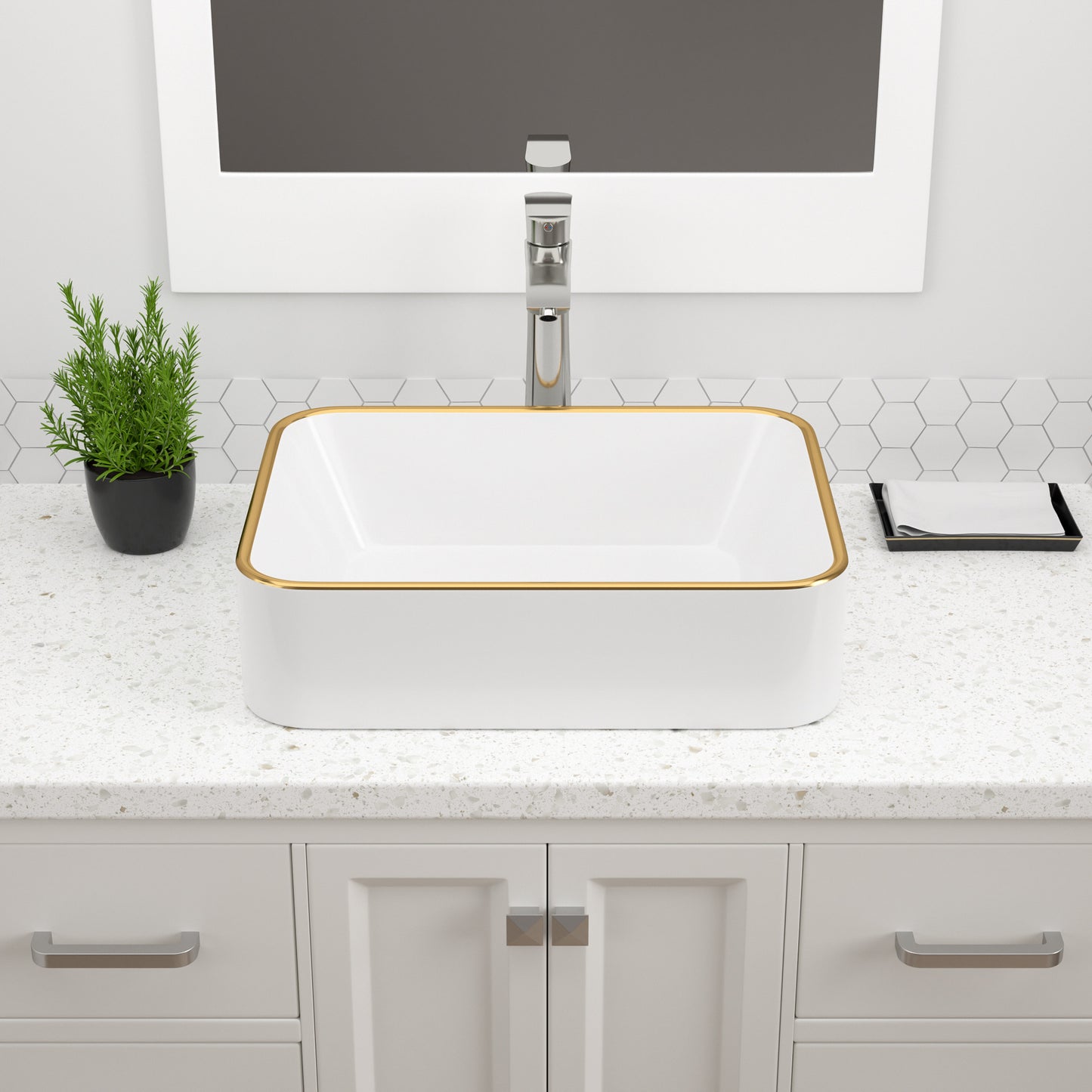 Dcolora Vessel Sink Rectangular 19"x15" White Vessel Sink with Glod Rim Ceramic Porcelain Rectangle Bathroom Sink Above Counter Vanity Sink Basin