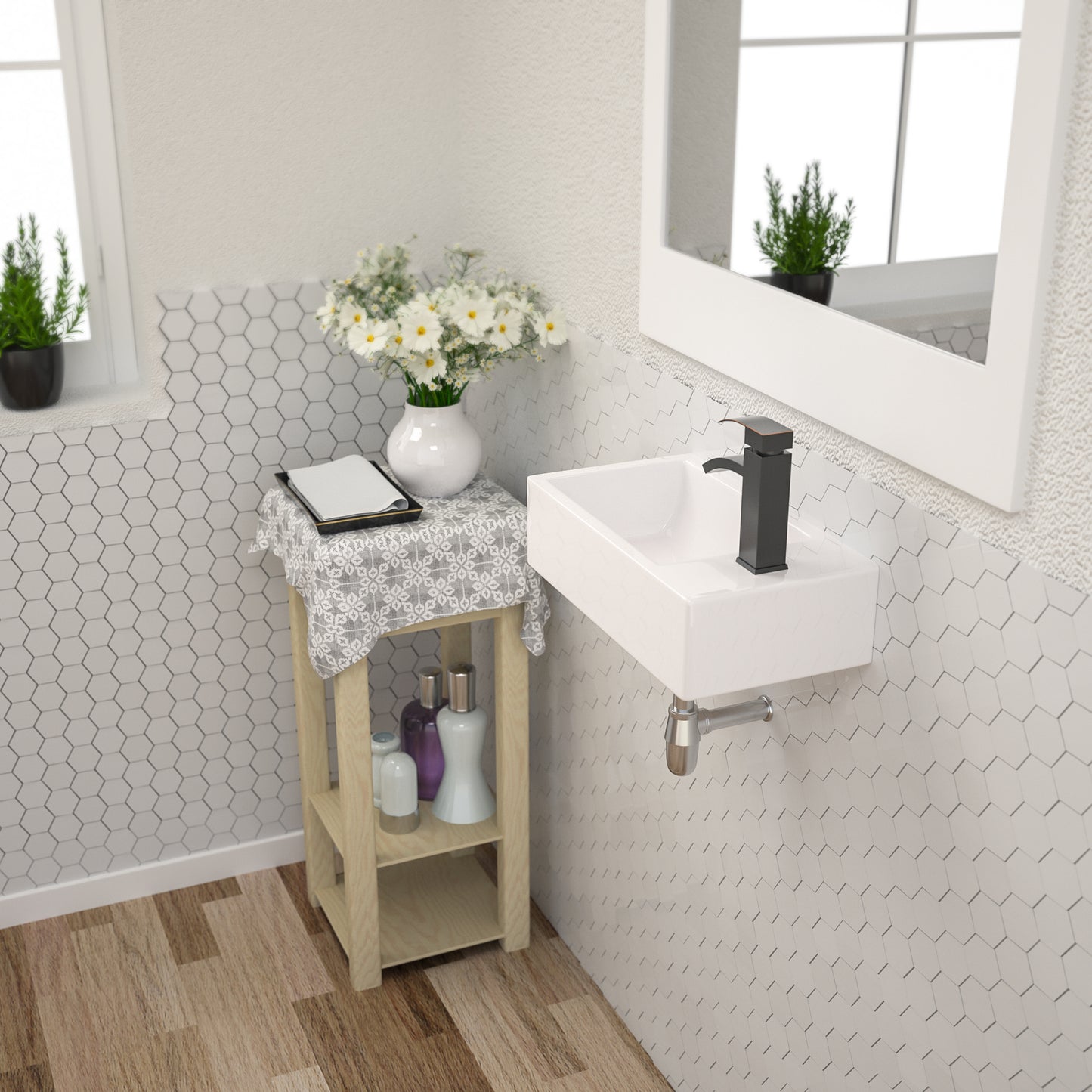 Floating Vessel Sink, Dcolora 18"x10" Small Wall Mounted Bathroom Sink Floating Rectangle White Ceramic Porcelain Bathroom Sink, Right Hand