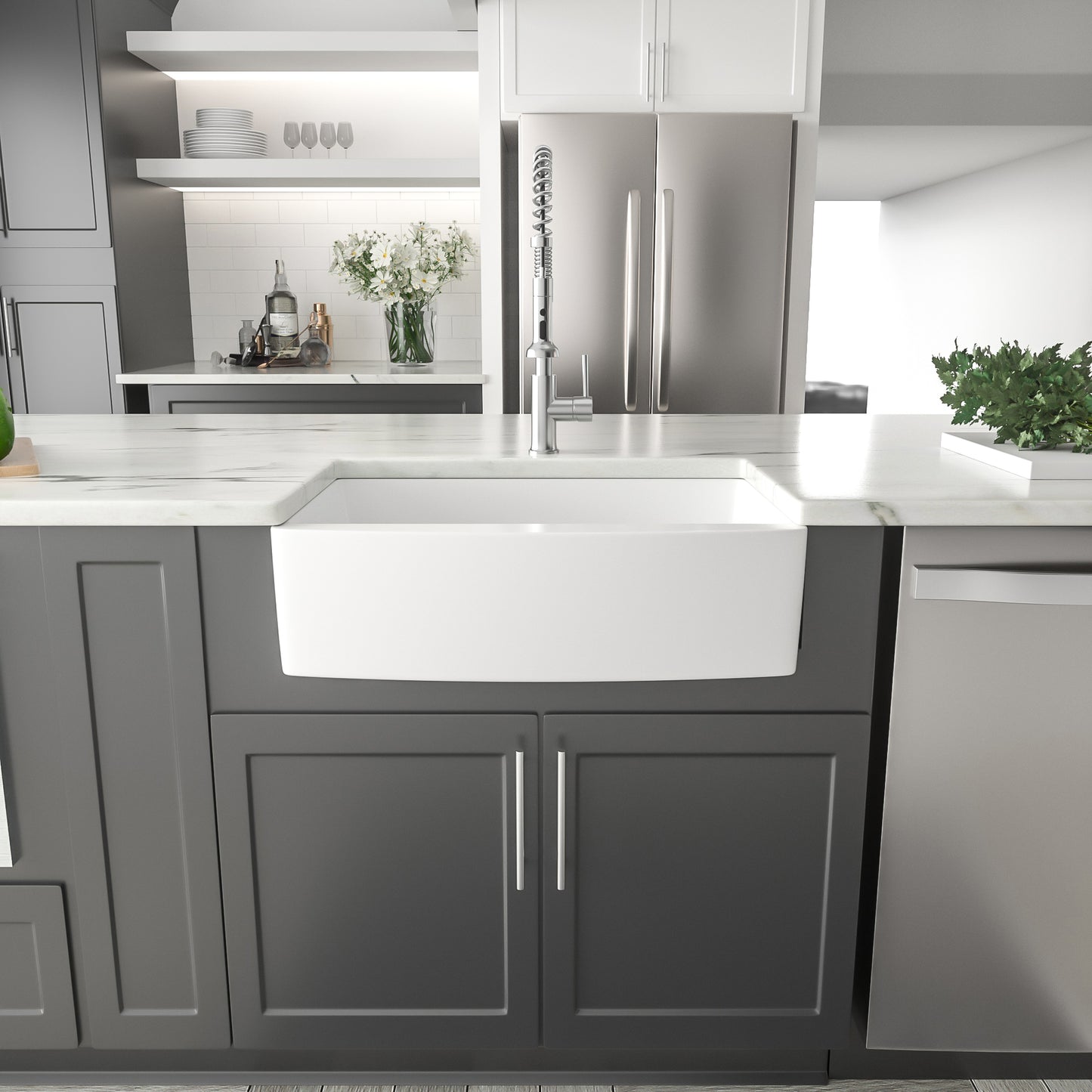 Dcolora 33 White Farmhouse Sink 33 Inch Farm Kitchen Sink Apron Front Curved White Fireclay Porcelain Ceramic Single Bowl Kitchen Farm Sink Basin (33"x21"x10") DC-A7762