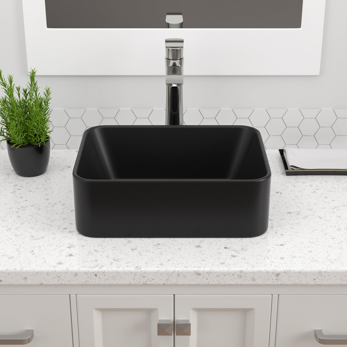 Dcolora Black Vessel Sink Rectangle 16"x12" Matte Black Bathroom Vessel Sink Rectangular Above Counter Ceramic Porcelain Lavatory Vanity Sink Bowl Basin