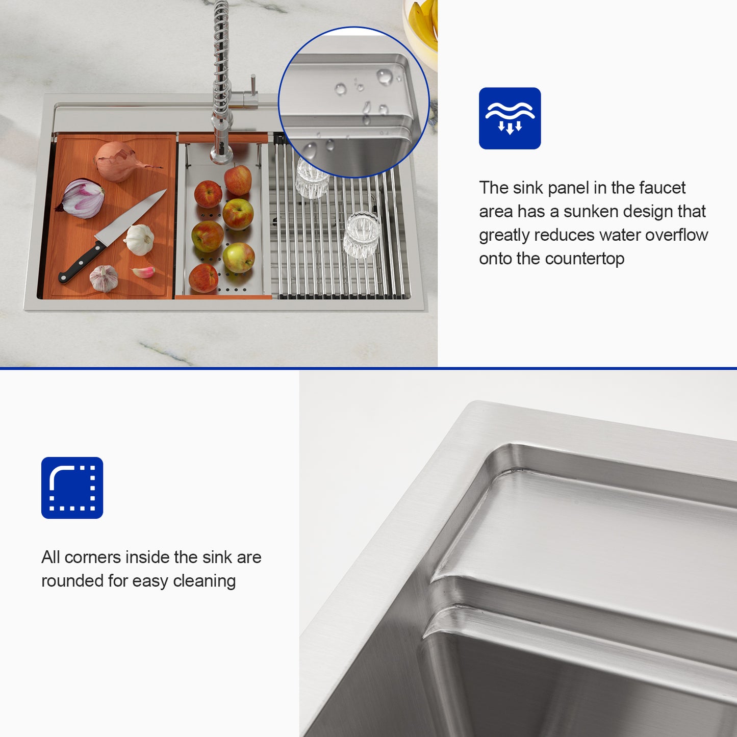 Dcolora 33x22 Drop In Kitchen Sink Splash Guard Stainless Steel Single Bowl Topmount Workstation Sinks, Round Corner 33"x22"x10", DC-T7757