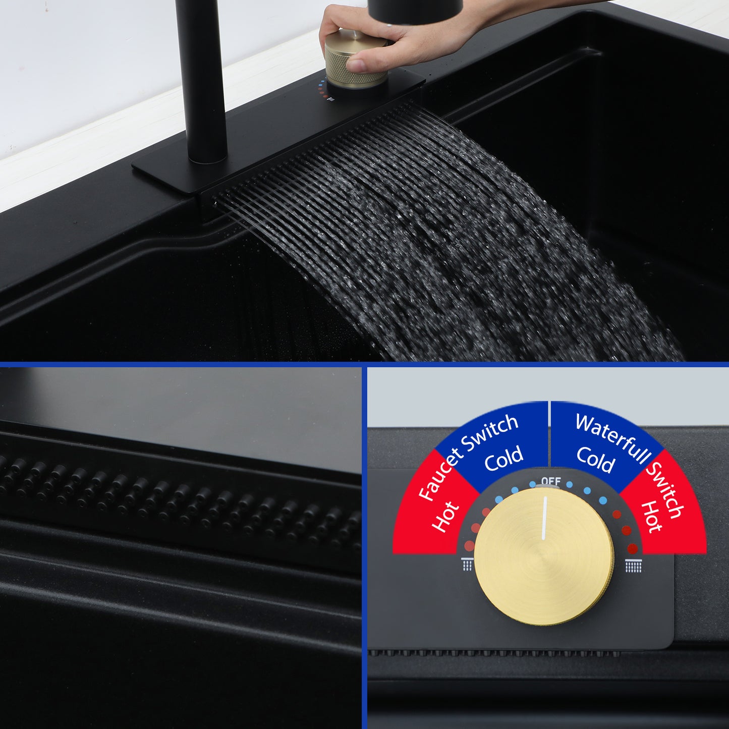 Dcolora Waterfall Smart Kitchen Sink 33x22 Drop In Single Bowl Multifunctional Kitchen Sinks With Faucet And Cup Washer,33 Inch Granite Composite (Black) DC-GBT7733FY