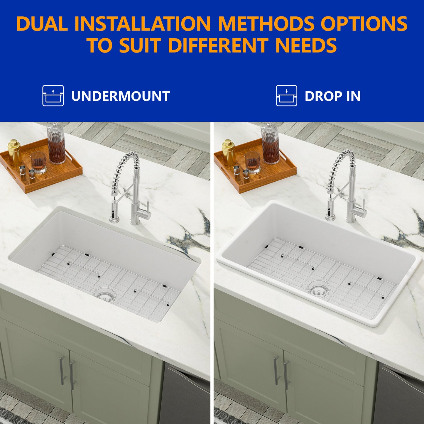 Dcolora 32"x19" White Kitchen Sink Undermount Large Single Bowl Dual Mount White Ceramic Porcelain Fireclay Sink Basin Under Counter Sink