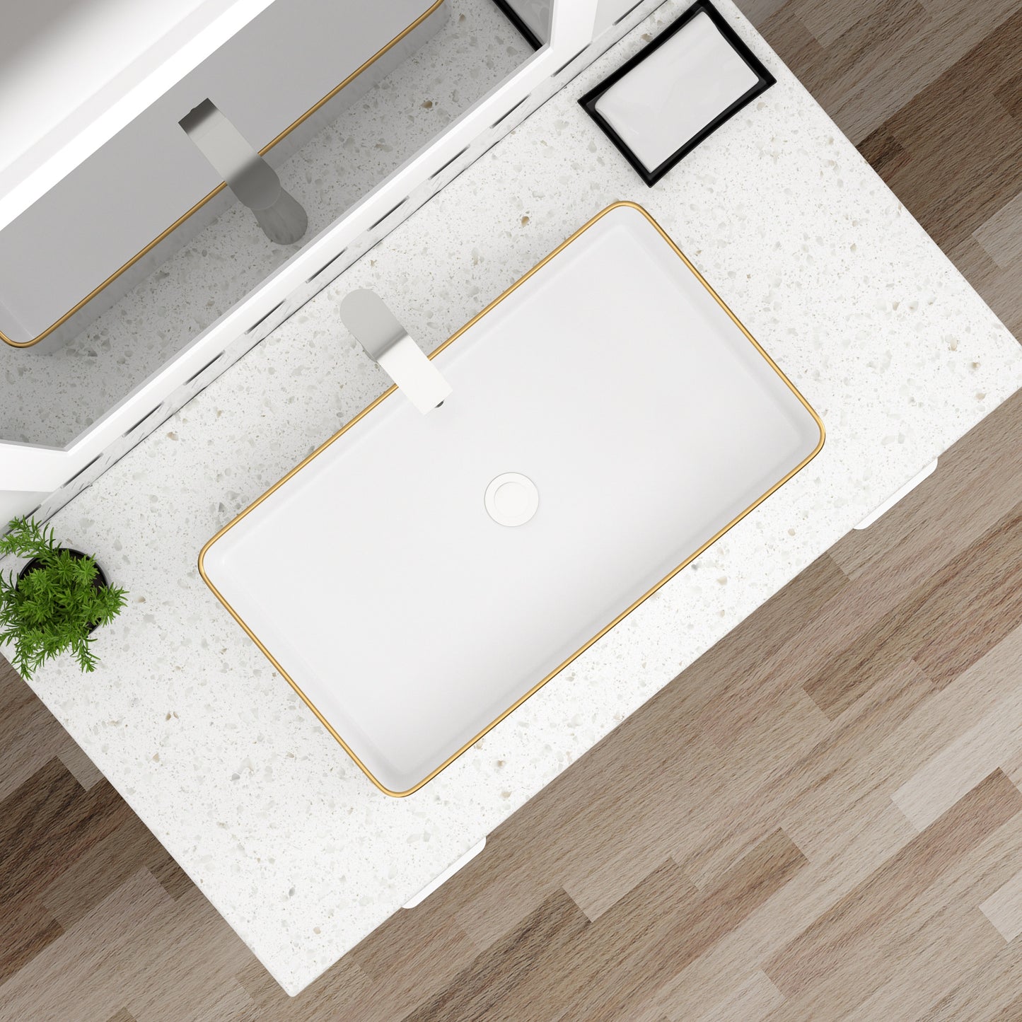 Dcolora Vessel Sink Rectangular 24"x14" White Vessel Sink with Glod Rim Ceramic Porcelain Rectangle Bathroom Vessel Sink Above Counter Vanity Sink Basin-DC-V8893