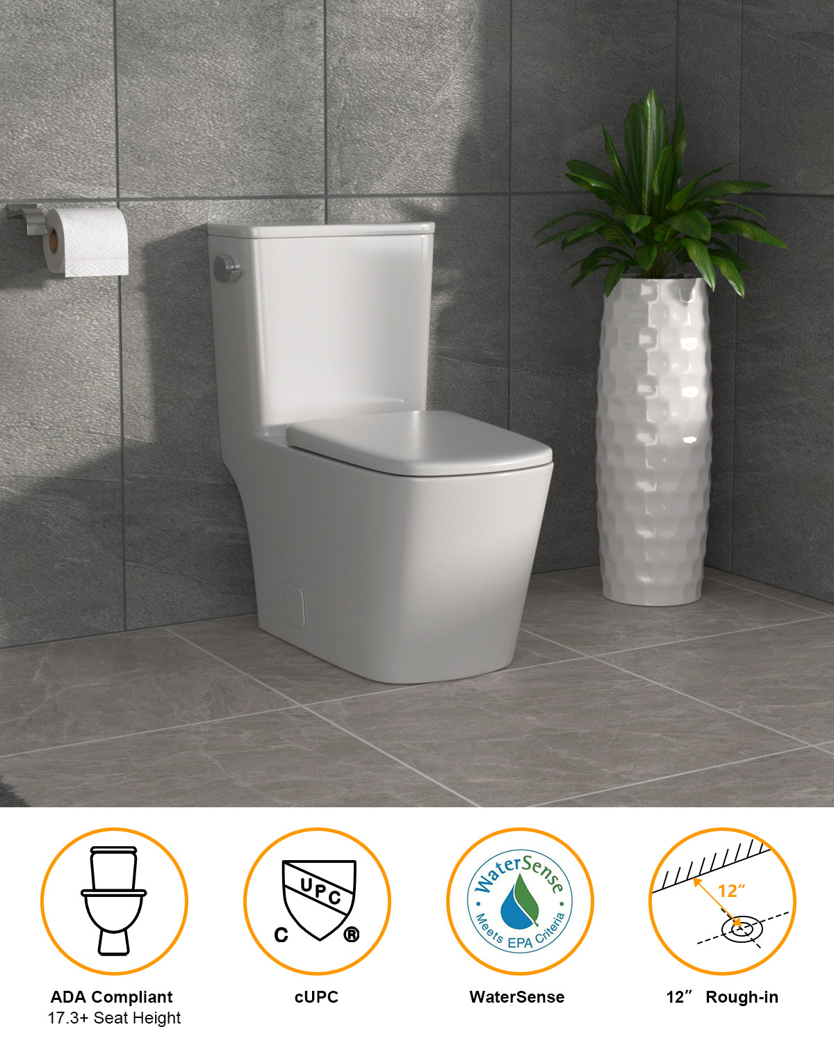 Dcolora One Piece Toilet Cyclone Single Flush 1.28 GPF Side Press Powerful Single Flush,With Soft Closing Seat And Comfort High Seat 12”Rough-In, DC-OPT155, 28.1" x 15.7" x 25.2" Ivory White