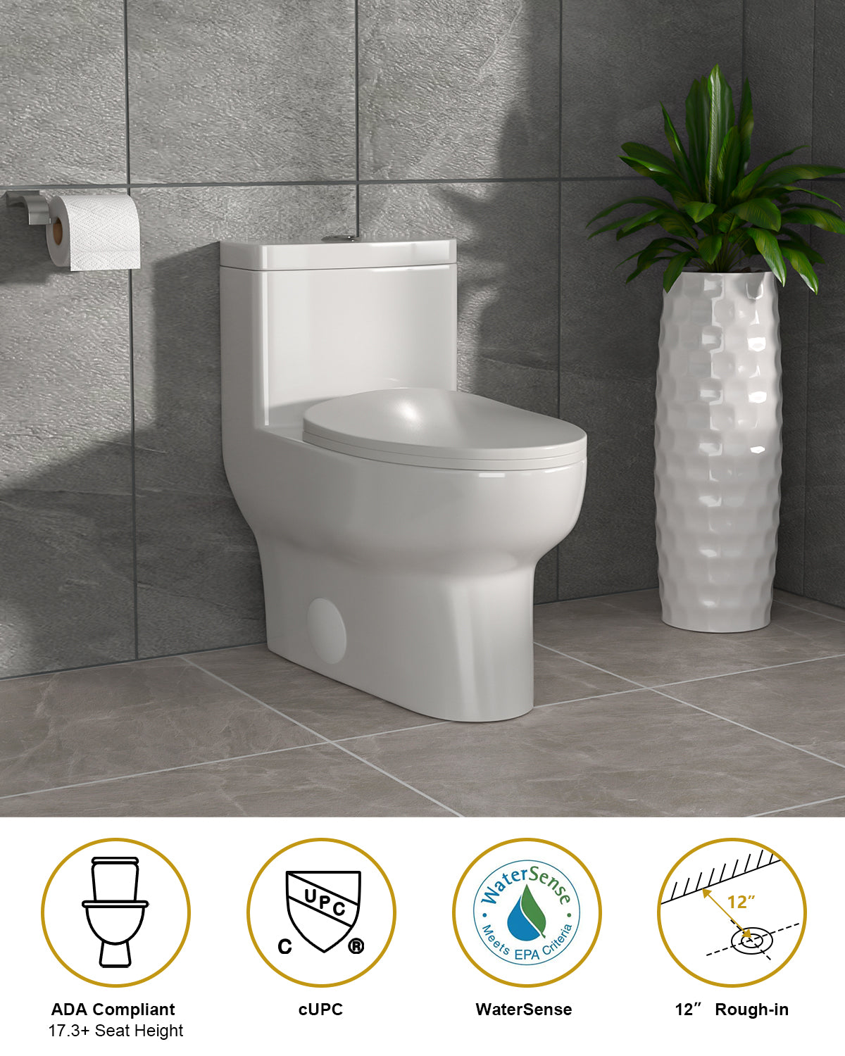 Dcolora One Piece Toilet Dual Flush 1.1/1.6 GPF Siphonic Flushing Bathroom Modern Comfort Height White Ceramic Compact Tall Toilet, 12" Rough-in, DC-O8812