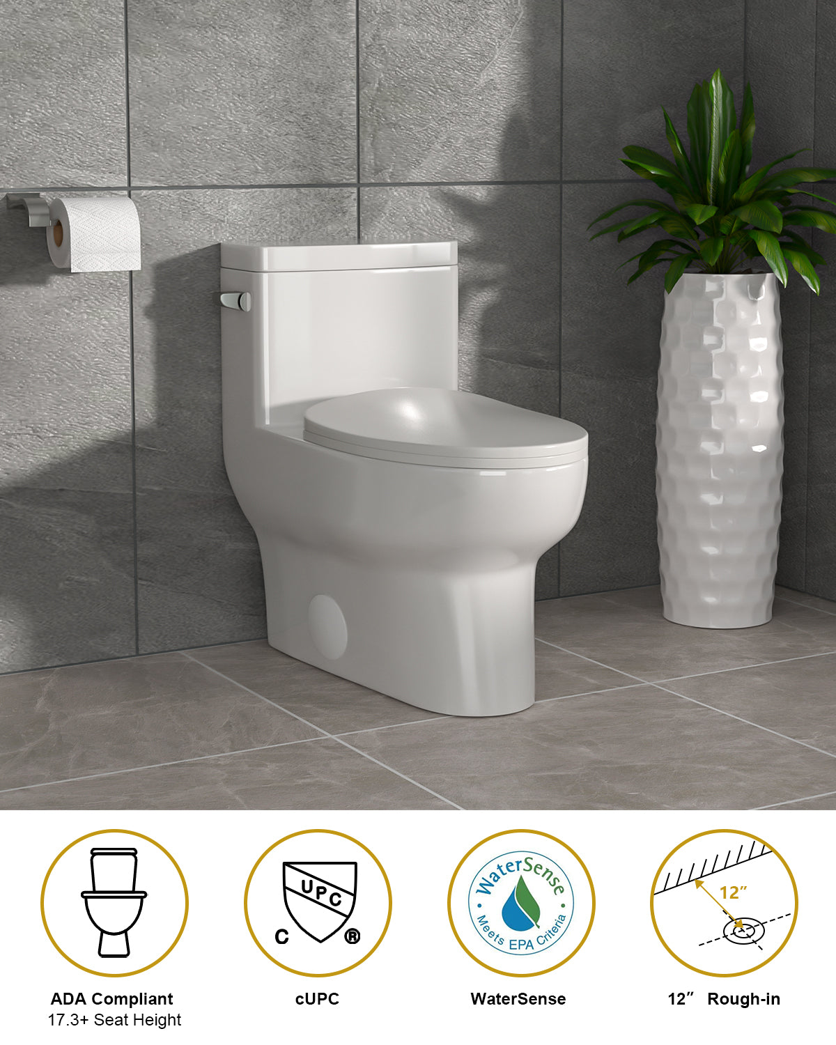 Dcolora One Piece Toilet Single Flush 1.28 GPF Siphonic Flushing Bathroom Modern Comfort Height White Ceramic Standard Compact Tall Elongated Toilet, 12" Rough-in, DC-O8811