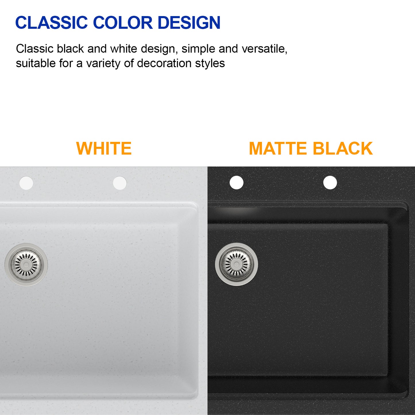 Dcolora 33 Inch Drop In Single Bowl Granite Composite White Kitchen Sink Multifunctional Topmount Workstation Sink #DC-0002GWT, Matte White 33" x 22" x 10"