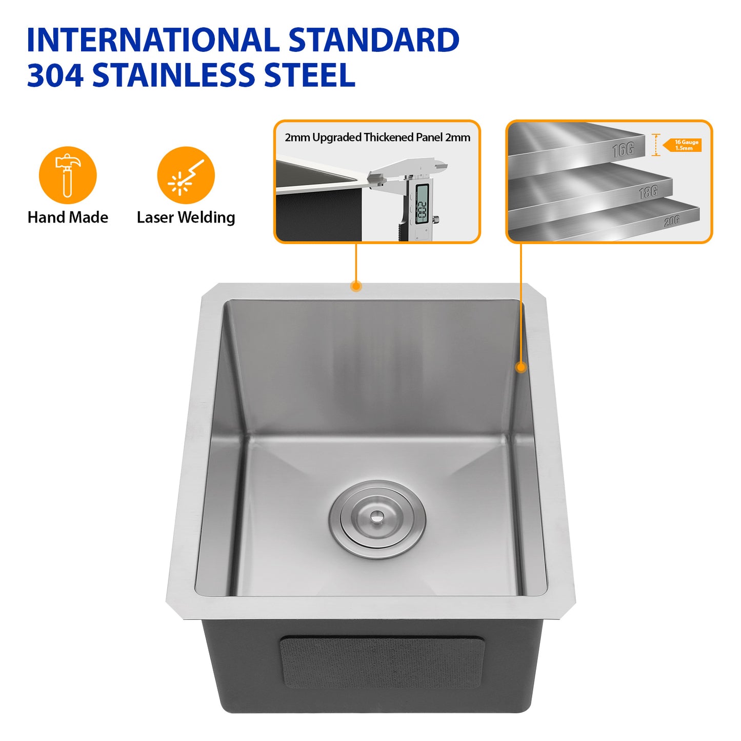 Dcolora 15 Inch Wet Bar Sink Undermount Small Kitchen Sink 16 Gauge Stainless Steel Prep Sink Single Bowl,15"x17"x10" Rounded Corner, DC-U7722