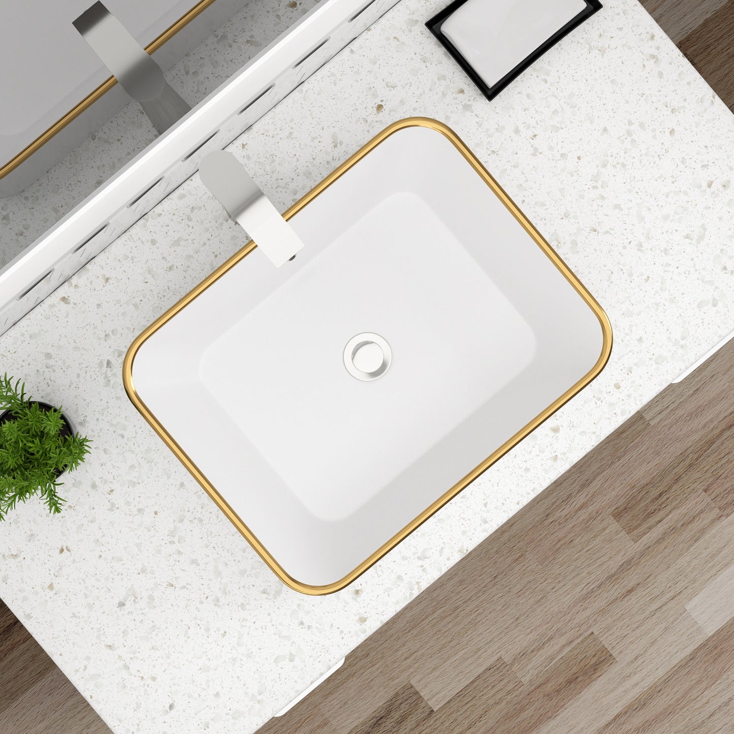 Dcolora Vessel Sink Rectangular 19"x15" White Vessel Sink with Glod Rim Ceramic Porcelain Rectangle Bathroom Sink Above Counter Vanity Sink Basin