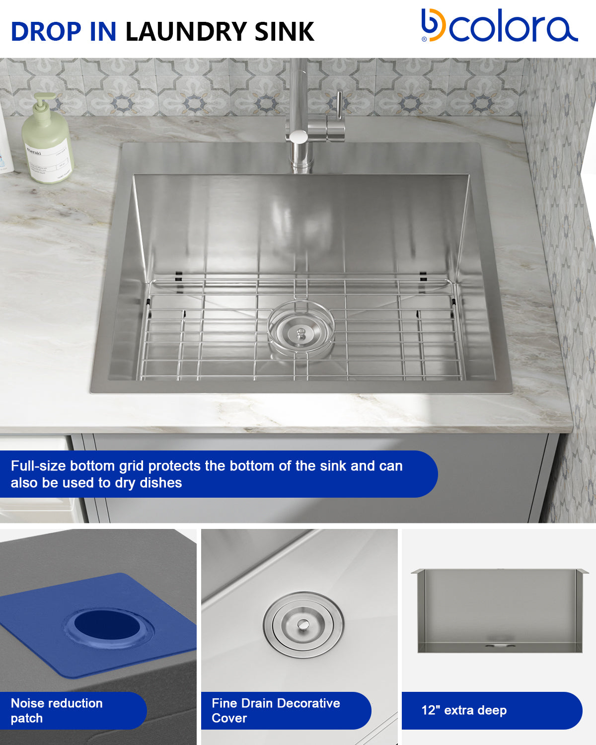 Dcolora 25x22 Inch Drop in Laundry Room Sink 12 Inch Deep 304 Stainless Steel 16 Gauge Utility Sink Single Bowl Kitchen Sink DC-L7701, 25”x 22”x 12”