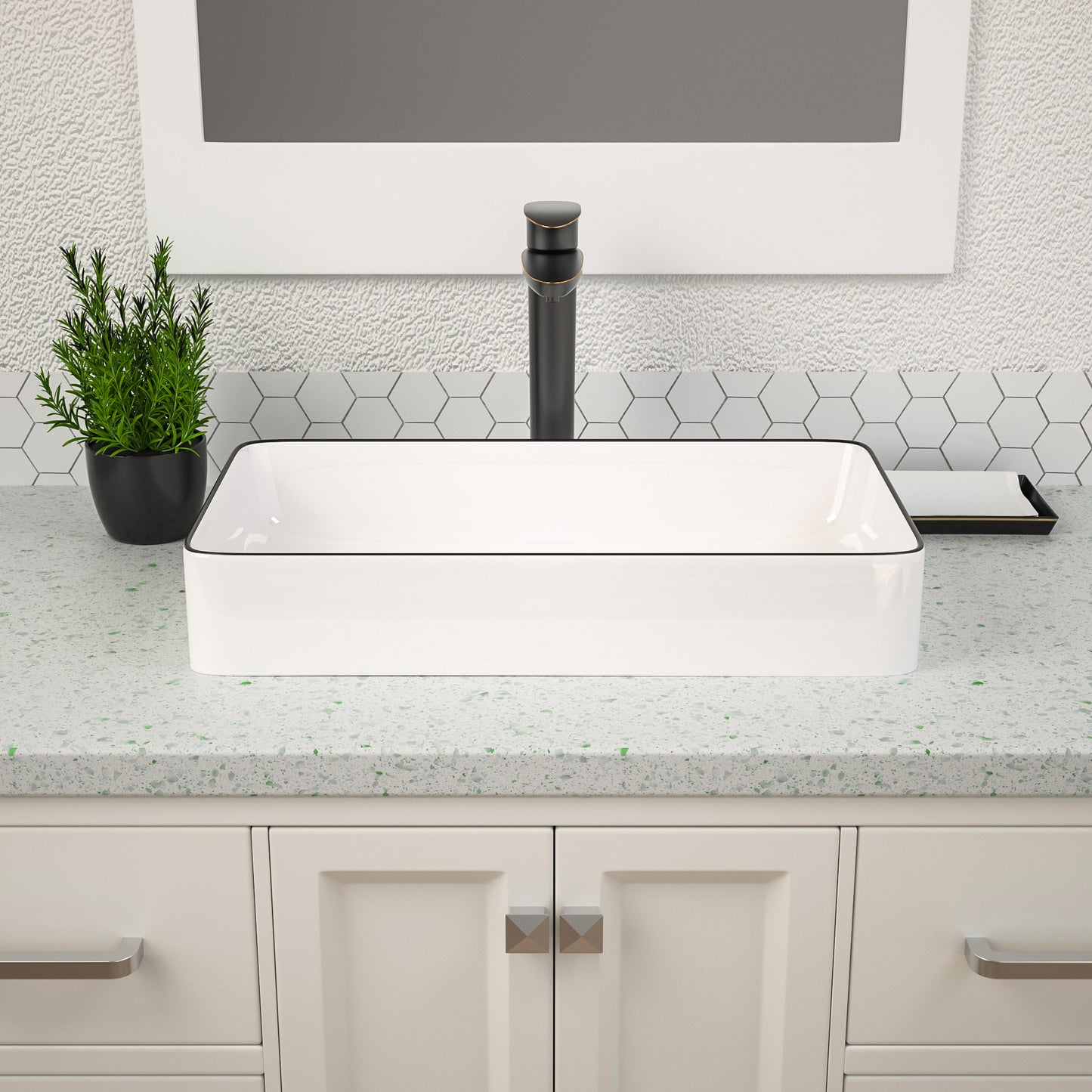 Vessel Sink Rectangular, Dcolora 24"x14" White Vessel Sink with Black Rim Ceramic Porcelain Rectangle Bathroom Vessel Sink Above Counter Vanity Sink Basin
