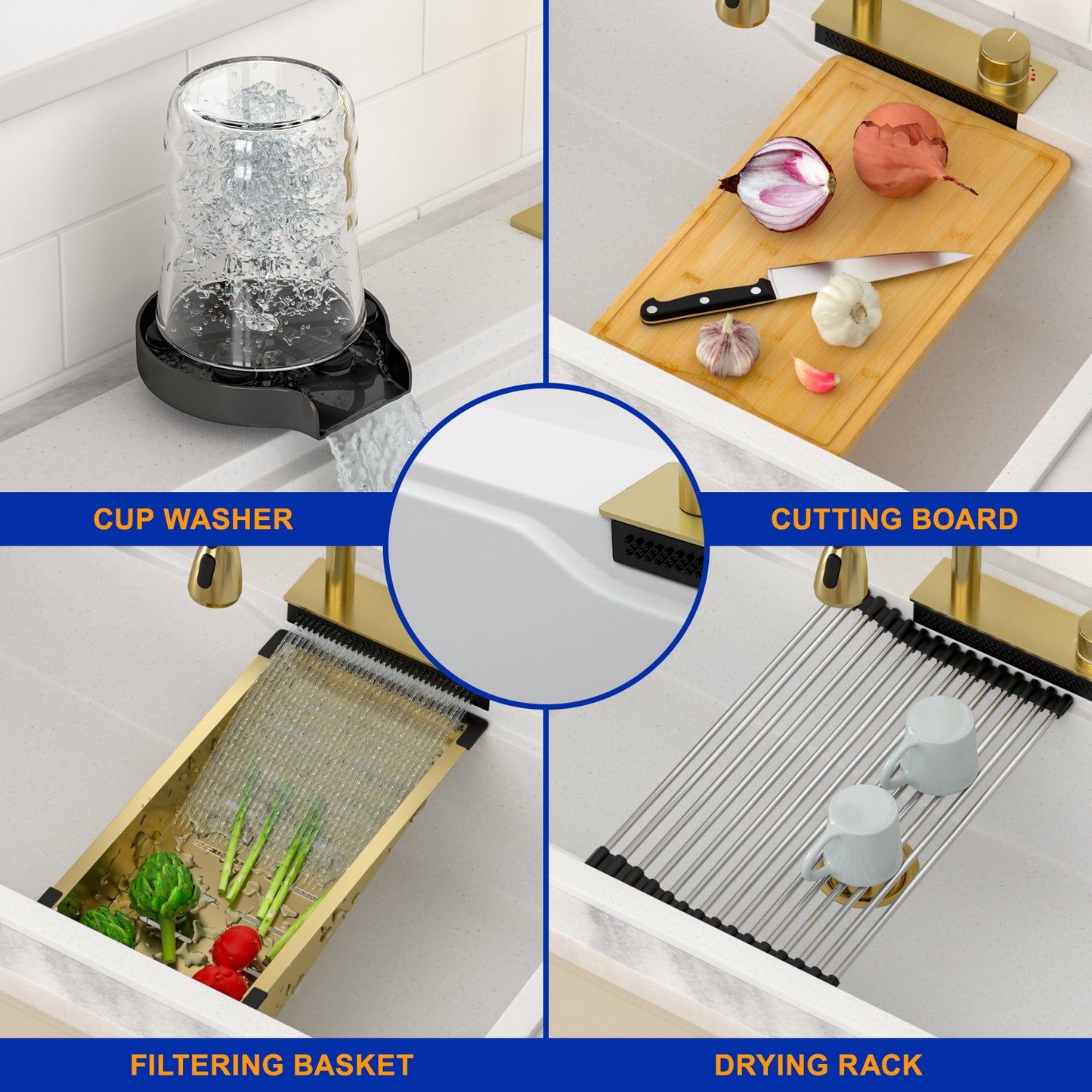 Dcolora 33x22 Waterfall Smart Kitchen Sink Workstation White Drop In Single Bowl Multifunctional Sink With Faucet And Cup Washer,33 Inch Granite Composite DC-GWT7433FY
